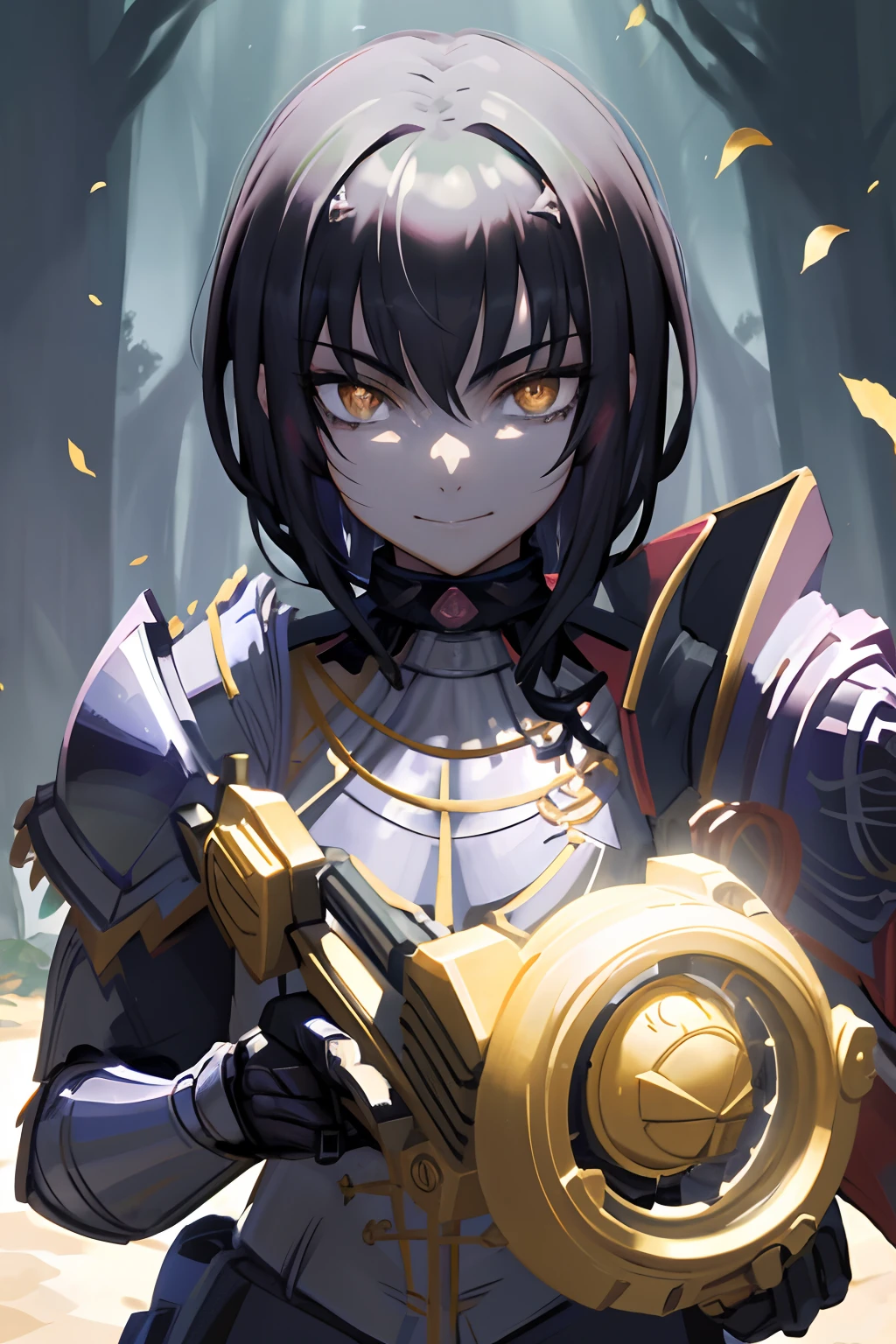 ((Masterpiece: 1.2, Best quality)),(Tough knight, Short black hair, Golden eyes, scar across right eye, Black armor), fantasy, forest, Blooming flowers, Sunlight, Fantastic light and shadow, landscape, Highly detailed face, Portrait, Smile