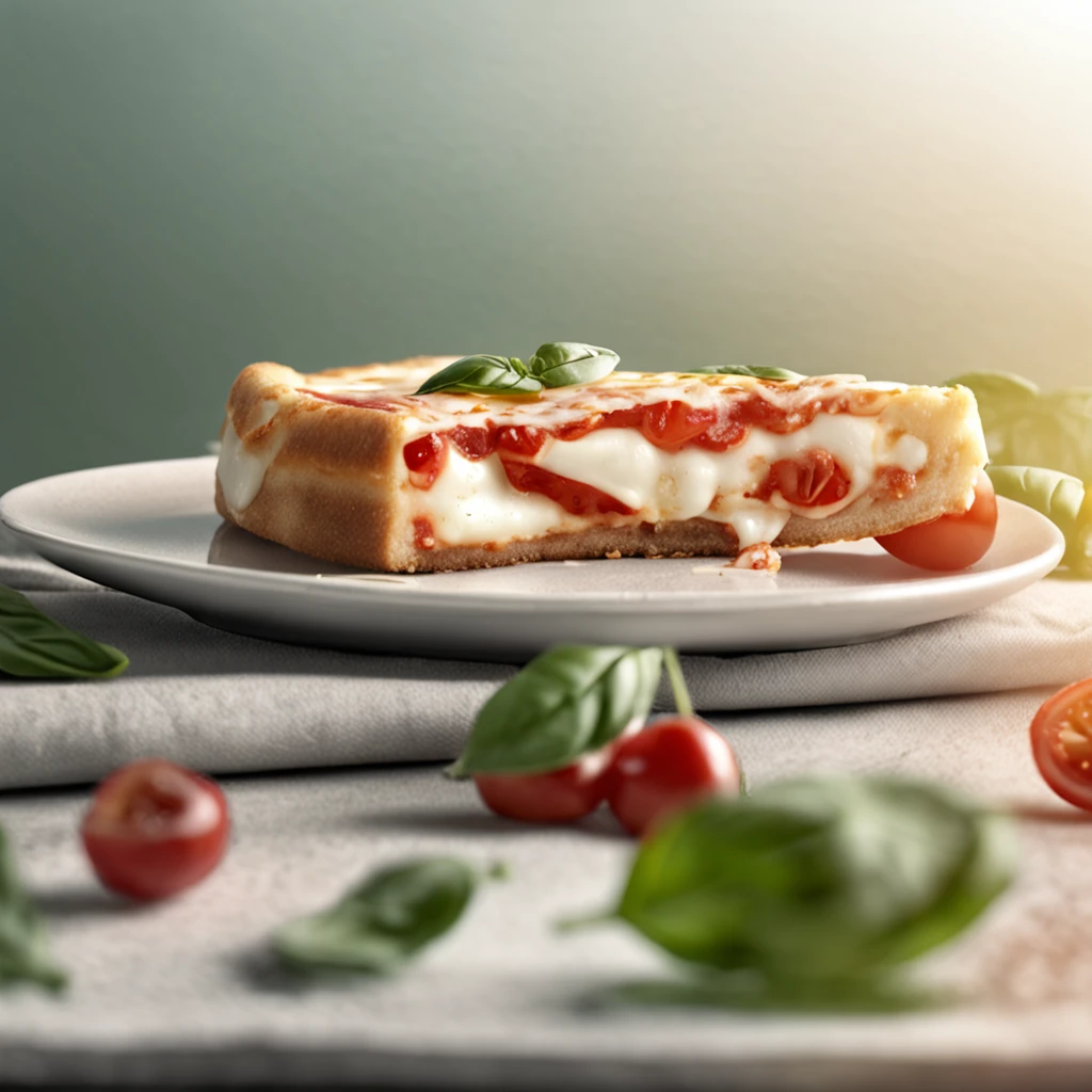 Photorealistic image of Close-up of a slice of margherita pizza, with fresh mozzarella, basil leaves, and a drizzle of olive oil. 9:16 format and 4K resolution Sony a7R IV camera, Meike 55mm F1.8 lens - hyper realistic, 4k, v 4 v 5 ar 3:2 Taken with a Sony camera using analog Kodak film, f/1.4, portrait