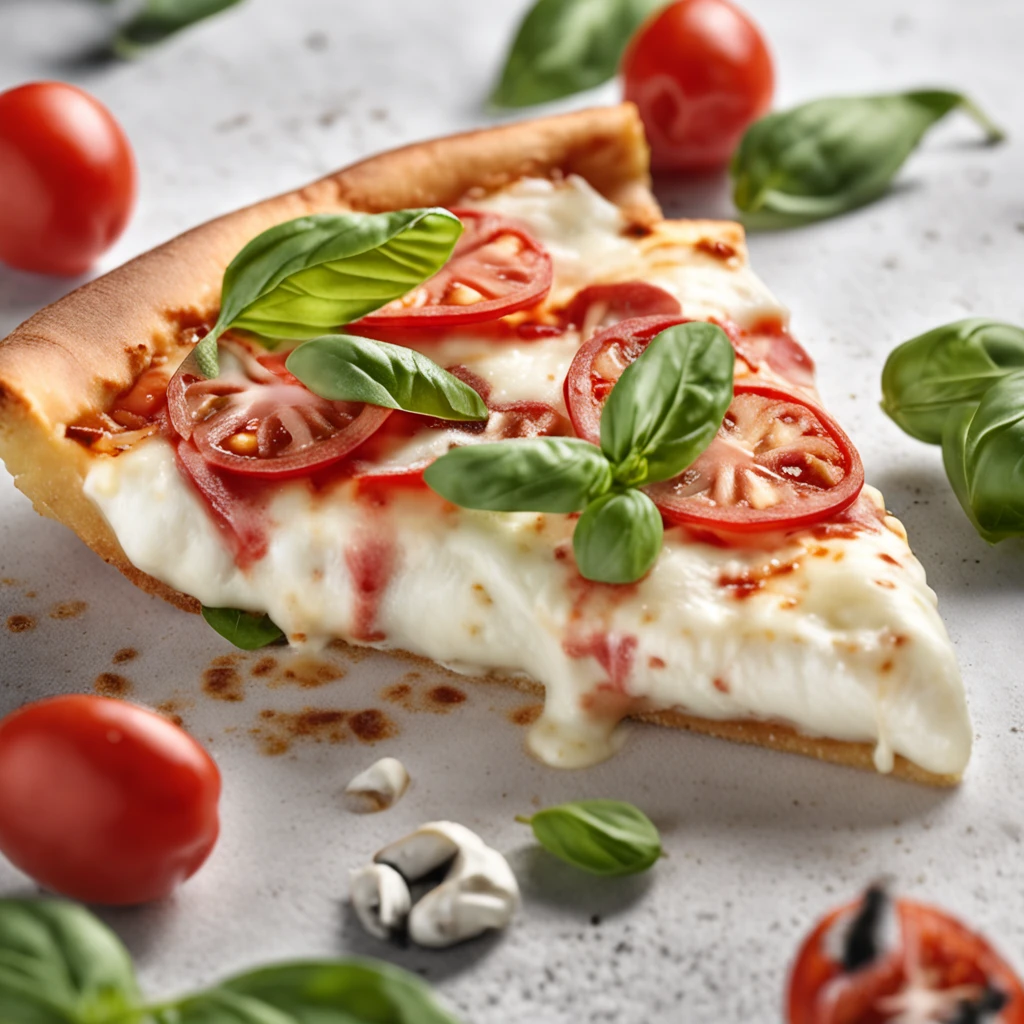 Photorealistic image of Close-up of a slice of margherita pizza, with fresh mozzarella, basil leaves, and a drizzle of olive oil. 9:16 format and 4K resolution Sony a7R IV camera, Meike 55mm F1.8 lens - hyper realistic, 4k, v 4 v 5 ar 3:2 Taken with a Sony camera using analog Kodak film, f/1.4, portrait