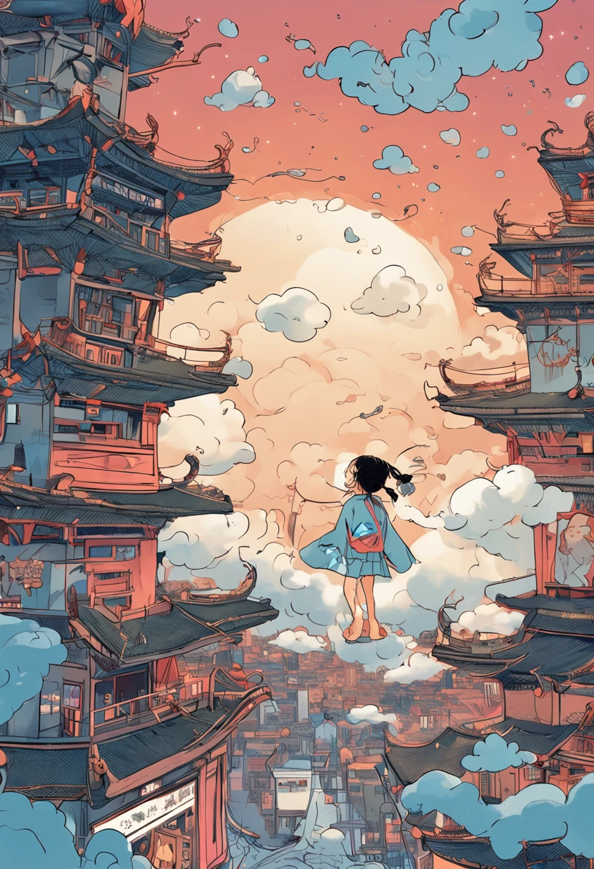 The upper part is a blue sky enveloped by white clouds, the lower part is the city lights, and a little girl stands on a celestial body connecting heaven and earth. With one hand raised, she tries to touch the clouds. The style is reminiscent of Japanese manga, in 8k