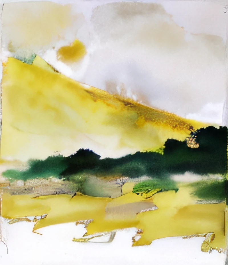 A painting of yellow and green landscape with trees, yellow mist, painted pale yellow and green, Watercolor landscape, yellow and greens, inspired by Zao Wou-Ki, Helen Frankenthaler, patches of yellow sky, a watercolor painting, abstract landscape, author：Ettel Adnan, velly distant forest, painting of a forest, author：Helen Frankenthaler