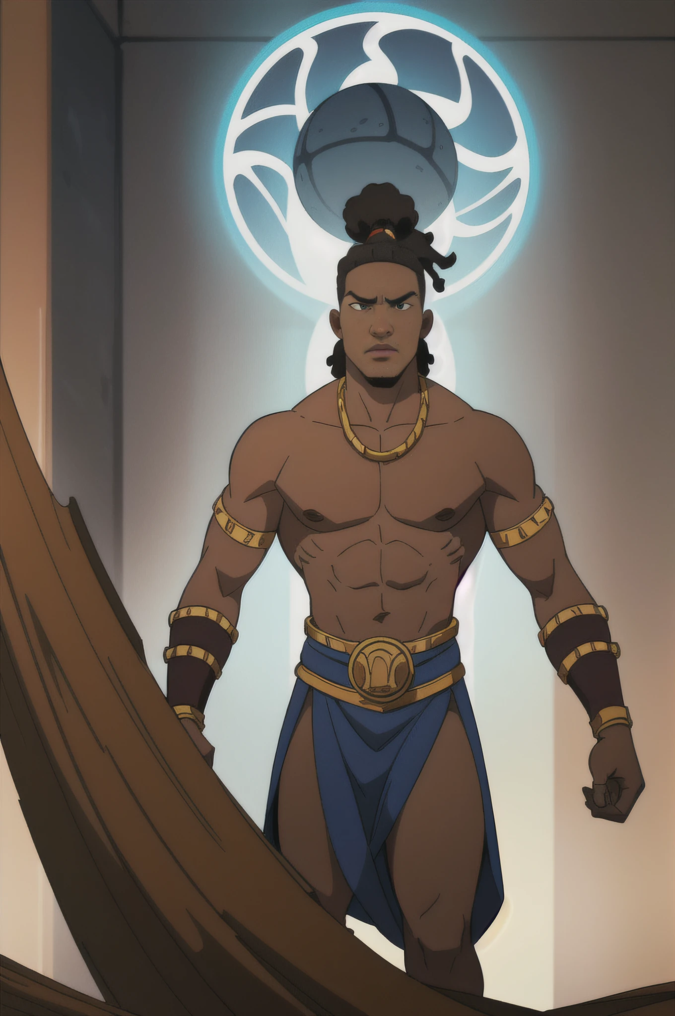 African male warrior tribe god of thunder towering and powerful, with a fierce expression, standing tall, gazing down with determination, short hair,