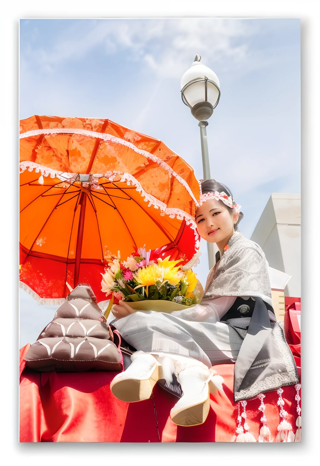 there is a woman sitting on a water buffalo holding a bouquet of flowers, Thailand costume, traditional dress, wearing traditional garb