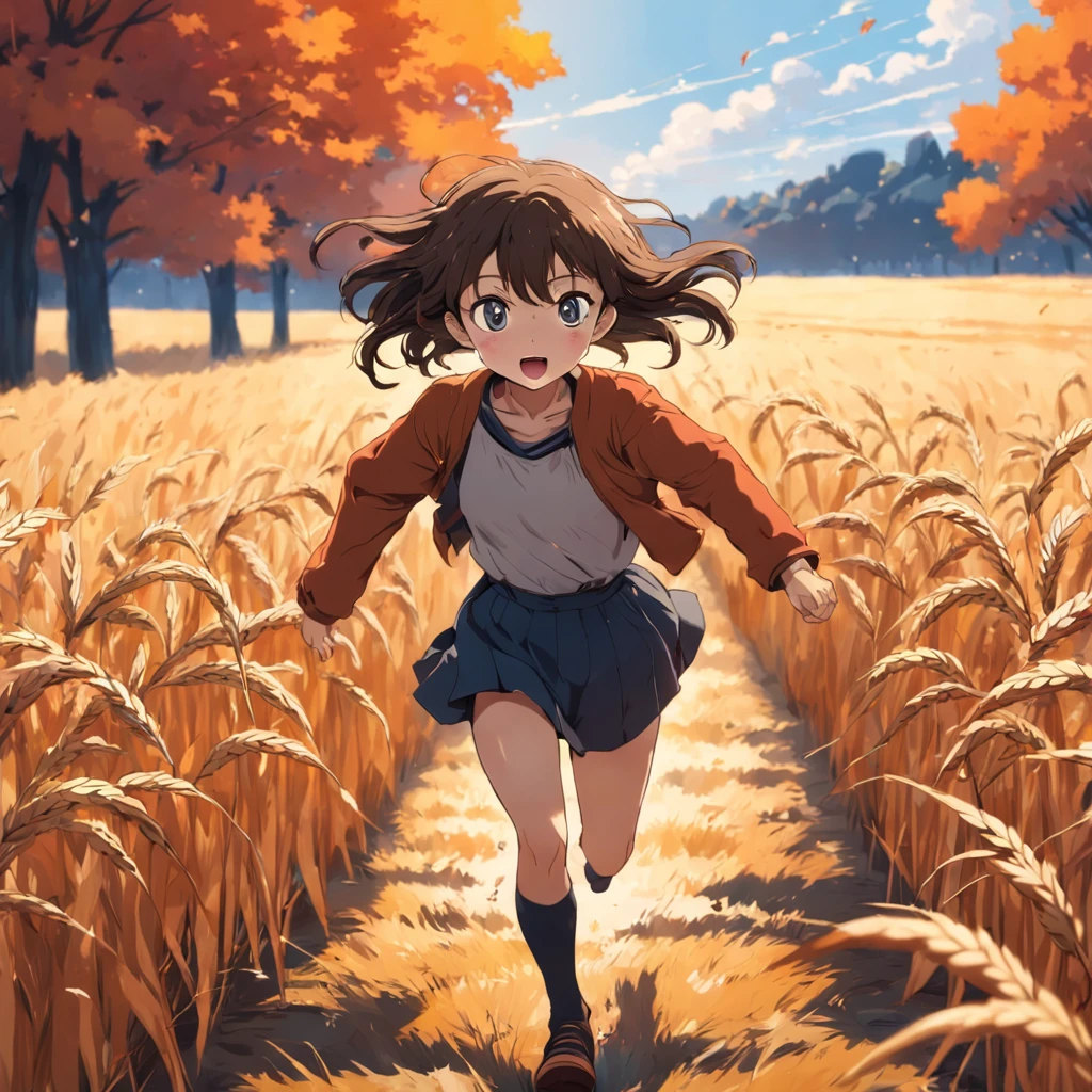 a girl running in the rye field, animated, autumn, masterpiece