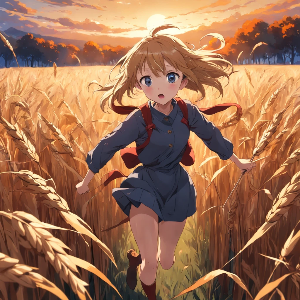 a girl running in the rye field, animated, autumn, masterpiece
