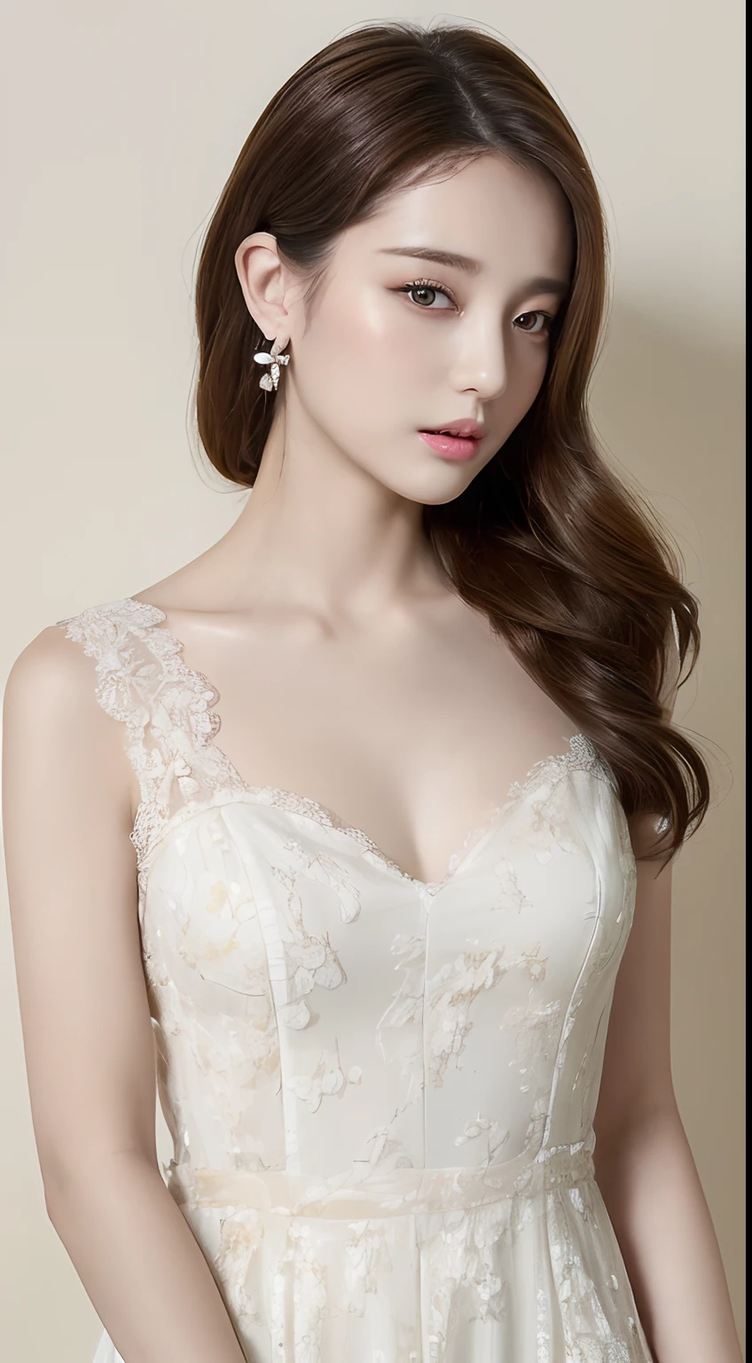 ((top-quality、8K、masterpiece:1.3)) realskin、Beautuful Women, look at viewr, French Short Style, Flower Holter Dress, White wall design, (Rim Light)Similar to DJ soDA、A detailed eye、Detailed mouth、Looking down diagonally
