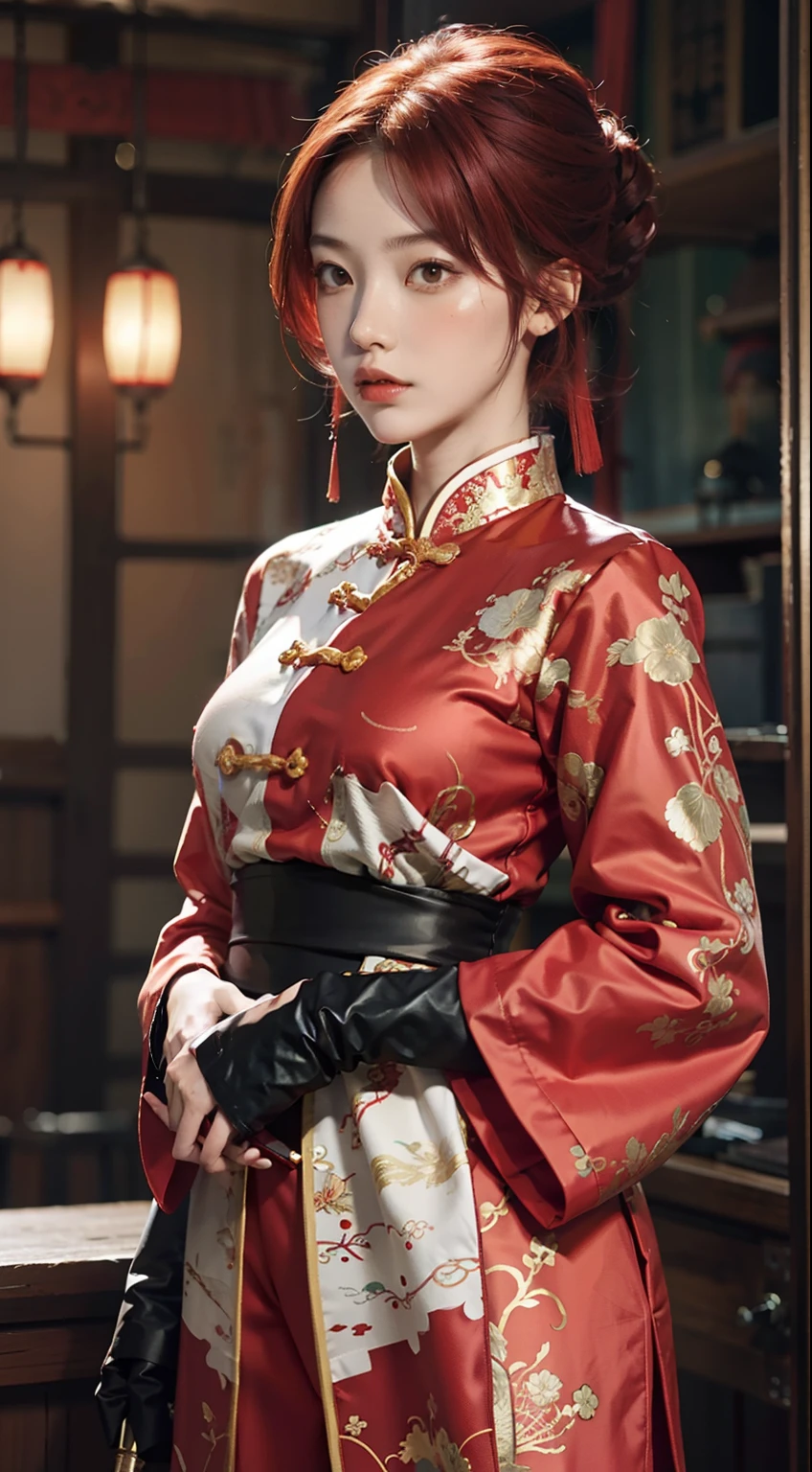 "red tinted hair, Female swordsman, Fiery red clothes, Delicate Chinese style illustration"