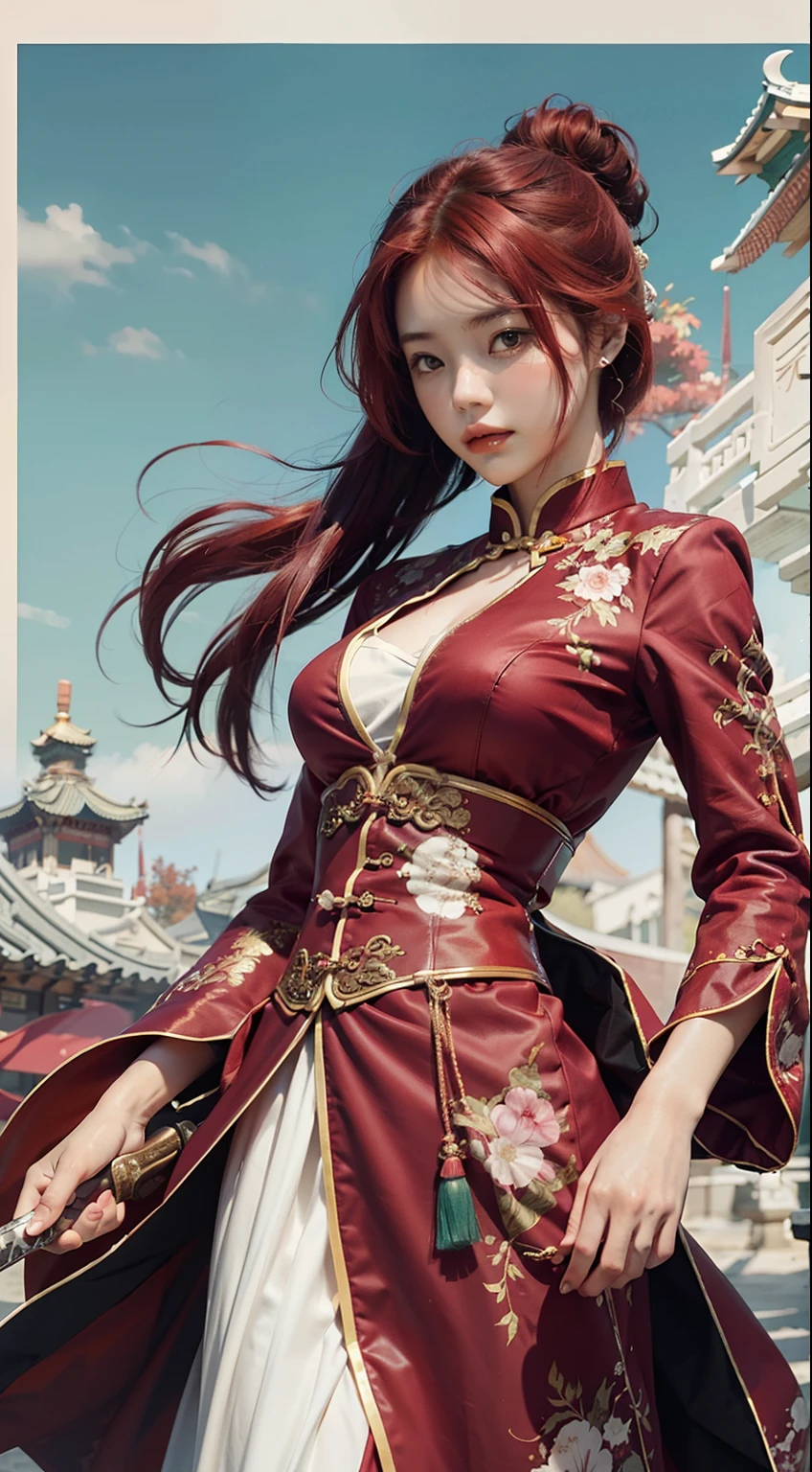 "red tinted hair, Female swordsman, Fiery red clothes, Delicate Chinese style illustration"
