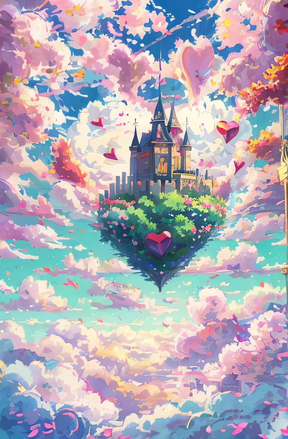 Anime love heart floating in the sky,The background is clouds, Feiyun love, A heart shape floating in the sky, Huge floating heart, Heart shape in the sky, castle in the sky style, Flying Love, Love floating in heaven, Clouds, Abandoned love in the sky, beautiful detailed fantasy, Fantasy Love, High fantasy love, Floating hearts