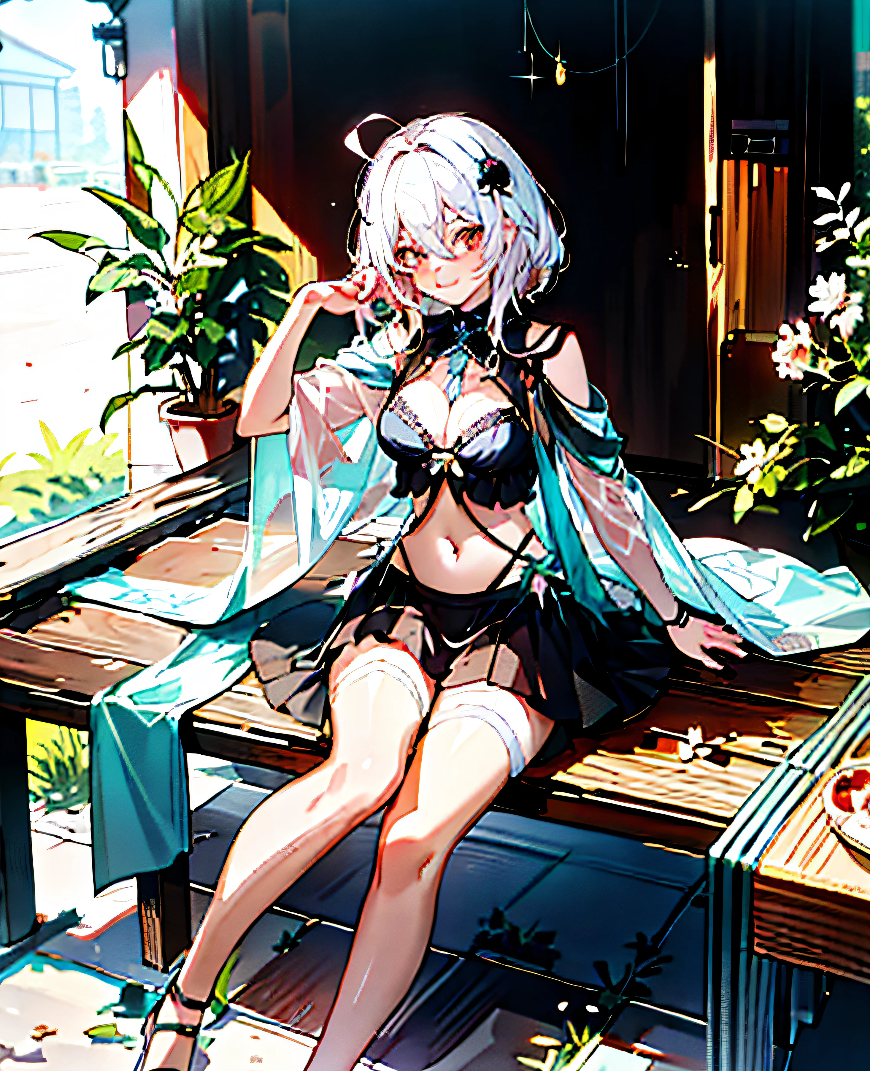 Anime - Stylistic image of a woman in lingerie sitting on a bench, Guweiz in Pixiv ArtStation, white-haired god, Guweiz on ArtStation Pixiv, Kushatt Krenz Key Art Women, trending on artstation pixiv, seductive anime girls, Guviz, from girls frontline, Fine details. Girl Front，ahoge, tokin hat, heart-shaped pupils, cat ears, shy, blush，sparkling eyes。