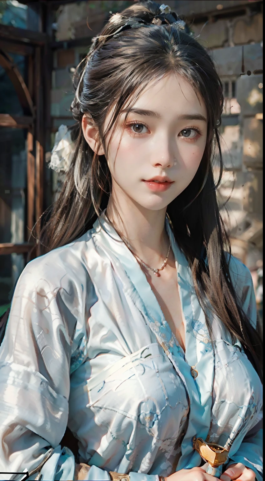 ulzang-6500-v1.1,(RAW photo:1.2), (Photorealistic:1.4), Beautiful Meticulous Girl, very detailed eyes and faces, Beautiful detailed eyes,  hugefilesize, ultra - detailed, A high resolution, Super clear，The is very detailed，（（chiseled abs：1.1），（perfect bodies：1.1），（long whitr hair：1.2），（Silvery hair），Lace collar，（（wearing a hanfu，White Hanfu，Lilac pattern）），（（Cardigan Hanfu）），（Very detailed CG 8k wallpaper），（Extremely refined and beautiful），（tmasterpiece），（best qualtiy：1.0），（超A high resolution：1.0），Beautiful light，Perfect light，realistic shaded，[A high resolution]，Detailed skins， Hyper-detailing（（（a color））），high realistic，Bigchest，Perfect face