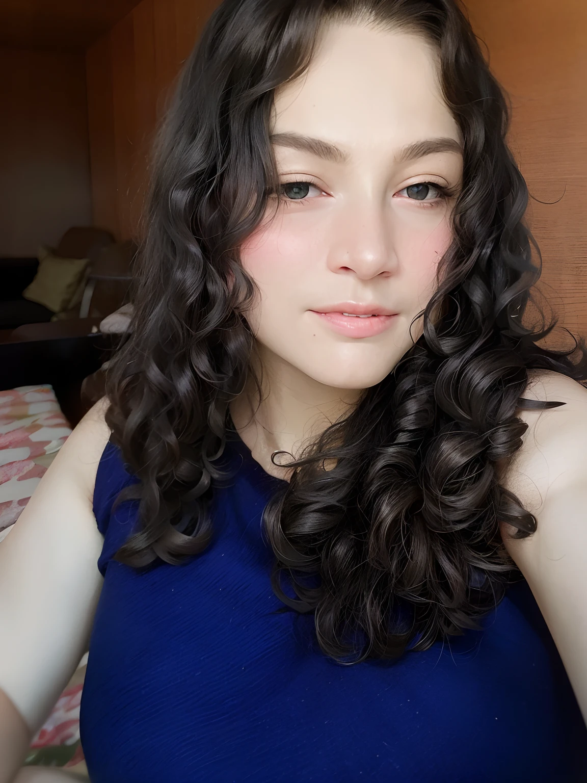 There's a woman with long curly hair and a blue top, sem maquiagem cabelo ondulado, com longos cabelos cacheados, cabelos escuros cacheados, 3 0 anos de idade mulher, Mulher de 30 anos, messy curly hair, long messy curly hair, com cacheado longo, com cachos, imagem de qualidade muito baixa, Batom Coral, cabelos cacheados, longos cabelos cacheados escuros, com cabelos longos, olhos azuis esverdeados.