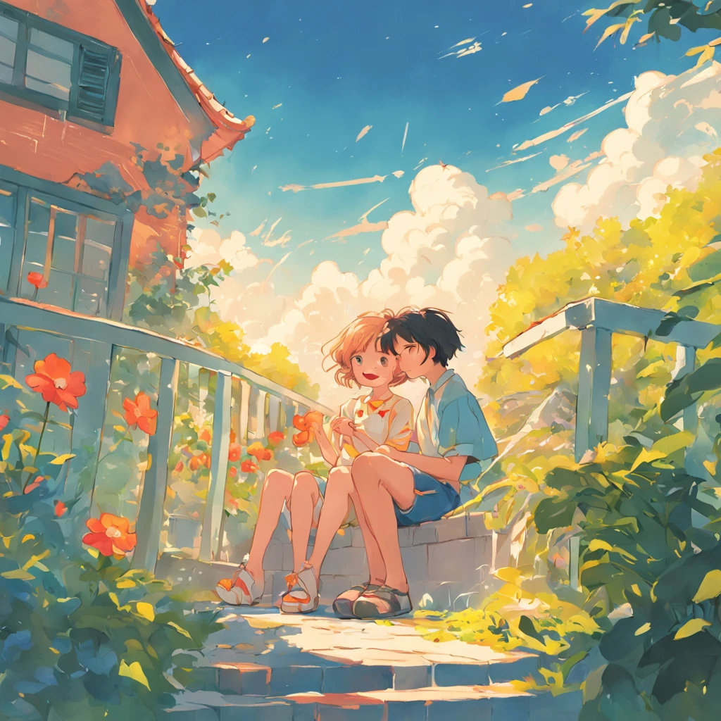 Pixar illustration, flattened illustration, a couple happily sitting on the balcony, a boy wearing short sleeved shorts, happily playing the guitar, a girl wearing a short sleeved skirt, smiling at the distance, the flowers and green leaves in the foreground are very bright, flowers, roads, and a house in the middle, with a background of blue sky and white clouds, bright colors, high saturation, outline light, dazzling, blue tone, warm and bright, colorful, AI vector illustration, high-quality, illustration, high-definition,-- niji