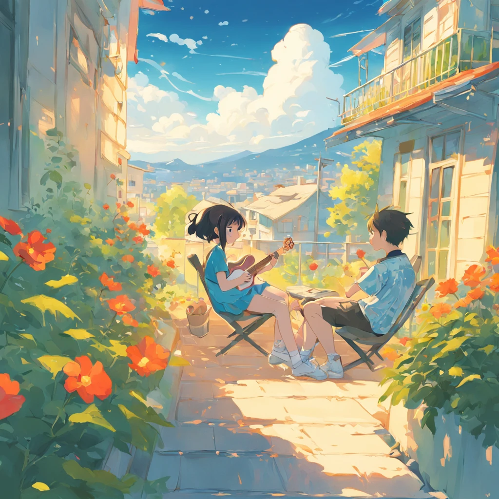 Pixar illustration, flattened illustration, a couple happily sitting on the balcony, a boy wearing short sleeved shorts, happily playing the guitar, a girl wearing a short sleeved skirt, smiling at the distance, the flowers and green leaves in the foreground are very bright, flowers, roads, and a house in the middle, with a background of blue sky and white clouds, bright colors, high saturation, outline light, dazzling, blue tone, warm and bright, colorful, AI vector illustration, high-quality, illustration, high-definition,-- niji