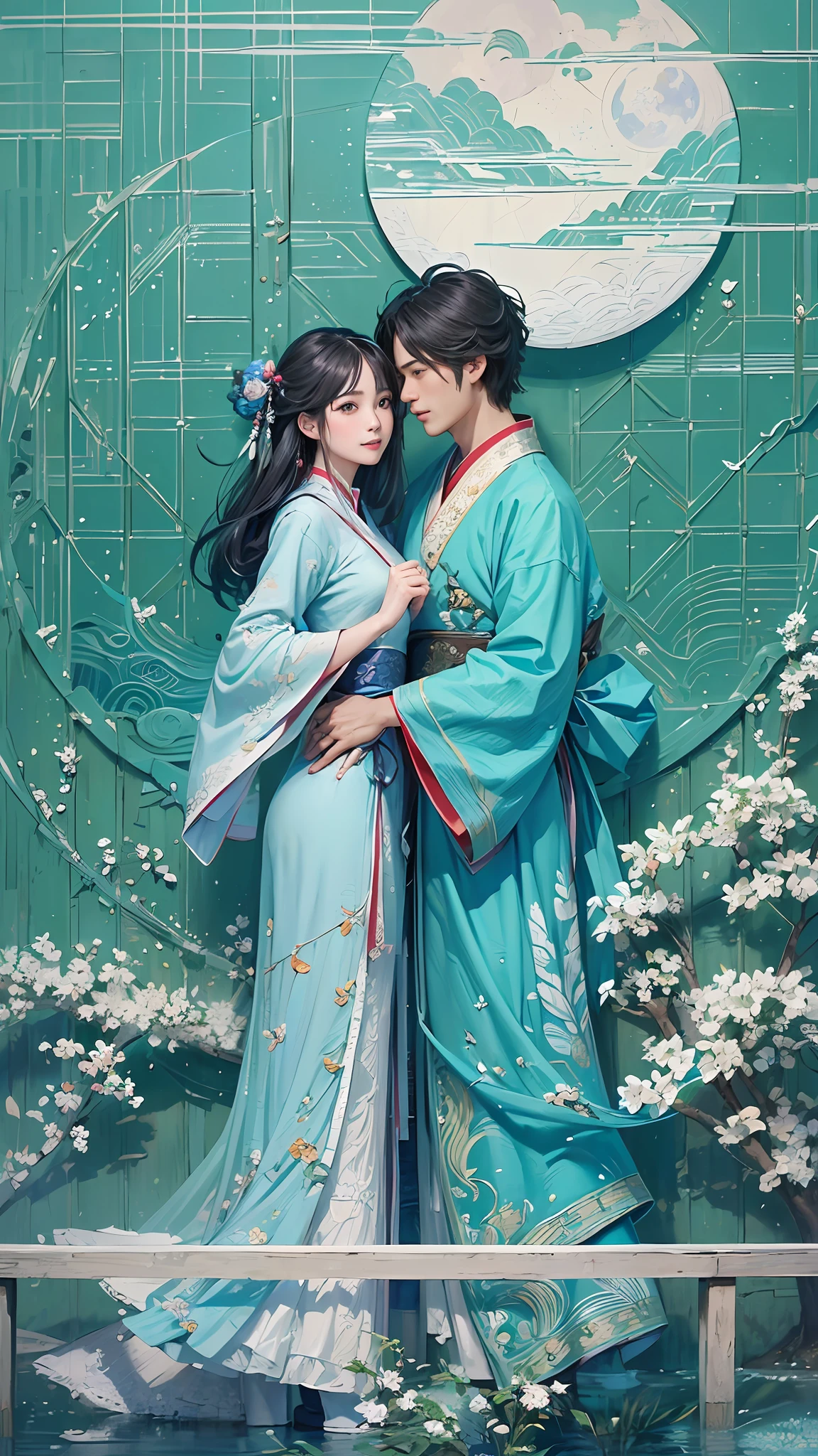 blue background,1 moon，(A hanfu couple hugging on a bridge:1.4, smile)，rosette，(illustration:1.3，paper art:1.3, Quilted paper art:1.2, extremelybold outline),( reasonable design, Clear lines, High sharpness,best quality, Very detailed, masterpiece, movie lighting effects, 4K )