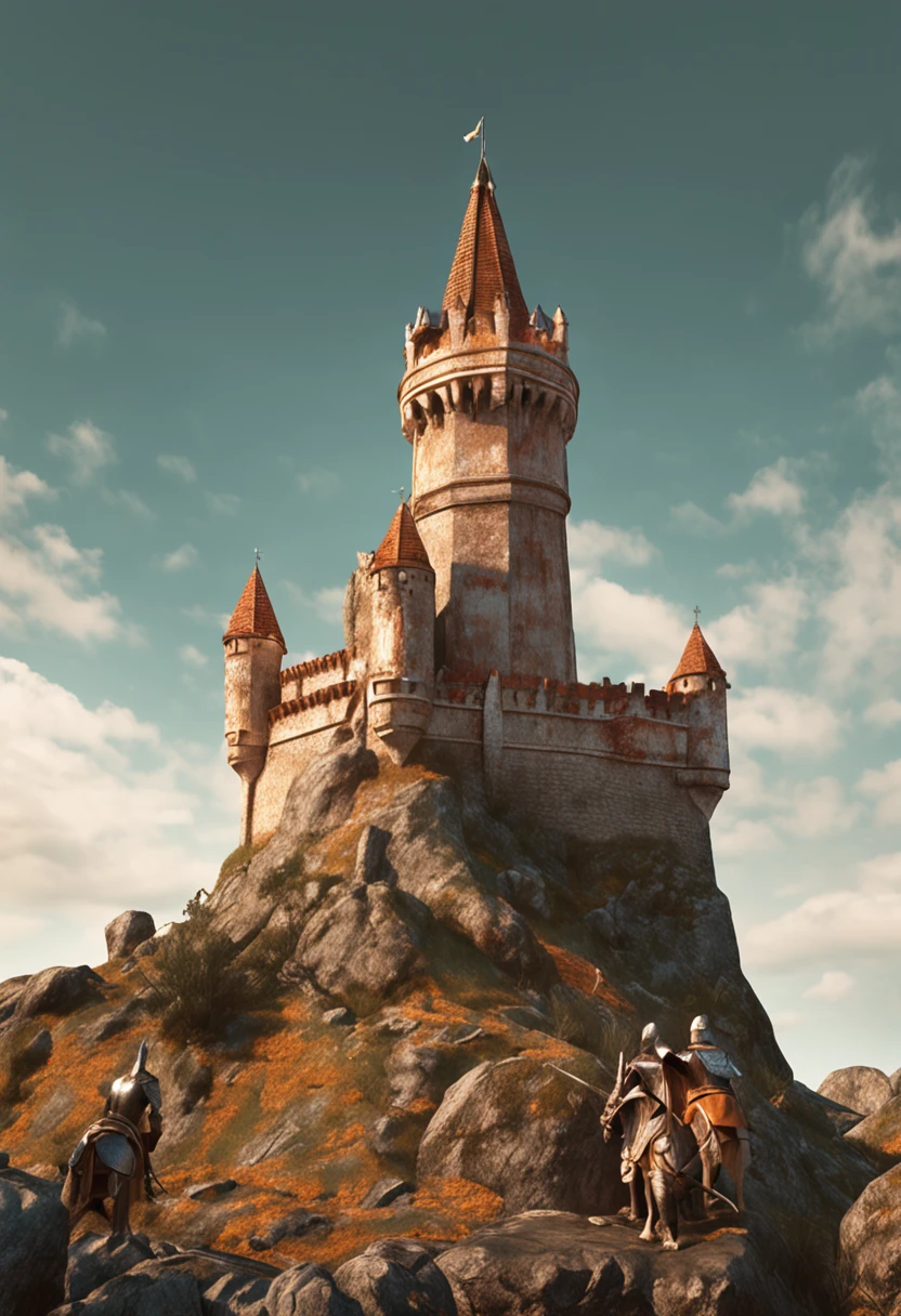 Um guerreiro medieval em armadura completa, empunhando uma espada brilhante, standing atop a tower of a ruined castle. The armor is richly detailed, with intricate reliefs and patterns, e a espada reflete a luz do sol, casting a golden glow. O guerreiro olha para o horizonte, where majestic mountains rise against an orange sky. O vento sopra suavemente, agitando a bandeira rasgada do castelo. oil painting on canvas, capturing every detail of the armor and epic setting,