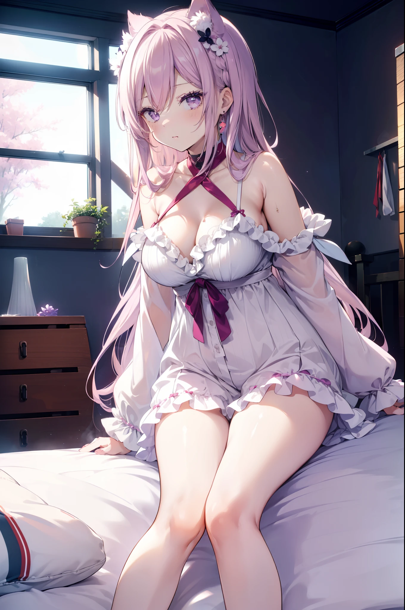 ((masutepiece)), ((Best Quality)), ((anime profile style)), ((HD 4K)), ((a female anime character)), (Mai Sakurajima), ((pale skin) ), ((Beautiful body)), girl, Female face, Happy, ((White mask on the mouth)), ((light lilac eyes)), eyelid, pupils on, Sclera, Iris, eyebrow, Eyelashes, ear, Nose, ( (Huge lilac hair)), ((fringe)), ((Hair details)), ((lights effect on hair)), ((Women's doll Pajamas with Short Straps - Red)), ((lights effect on clothes)), ((Body Light Effects)), Neck, shoulders, (thin waist), ((Perfect tummy)), missiles, ((thick legs)), ((Large Thigh)) , ((Landscape in the background)), ((at bedroom)), ((bed, window, DVR, wardrobe, dressers, rug)), ((Lighting)), Viewer View