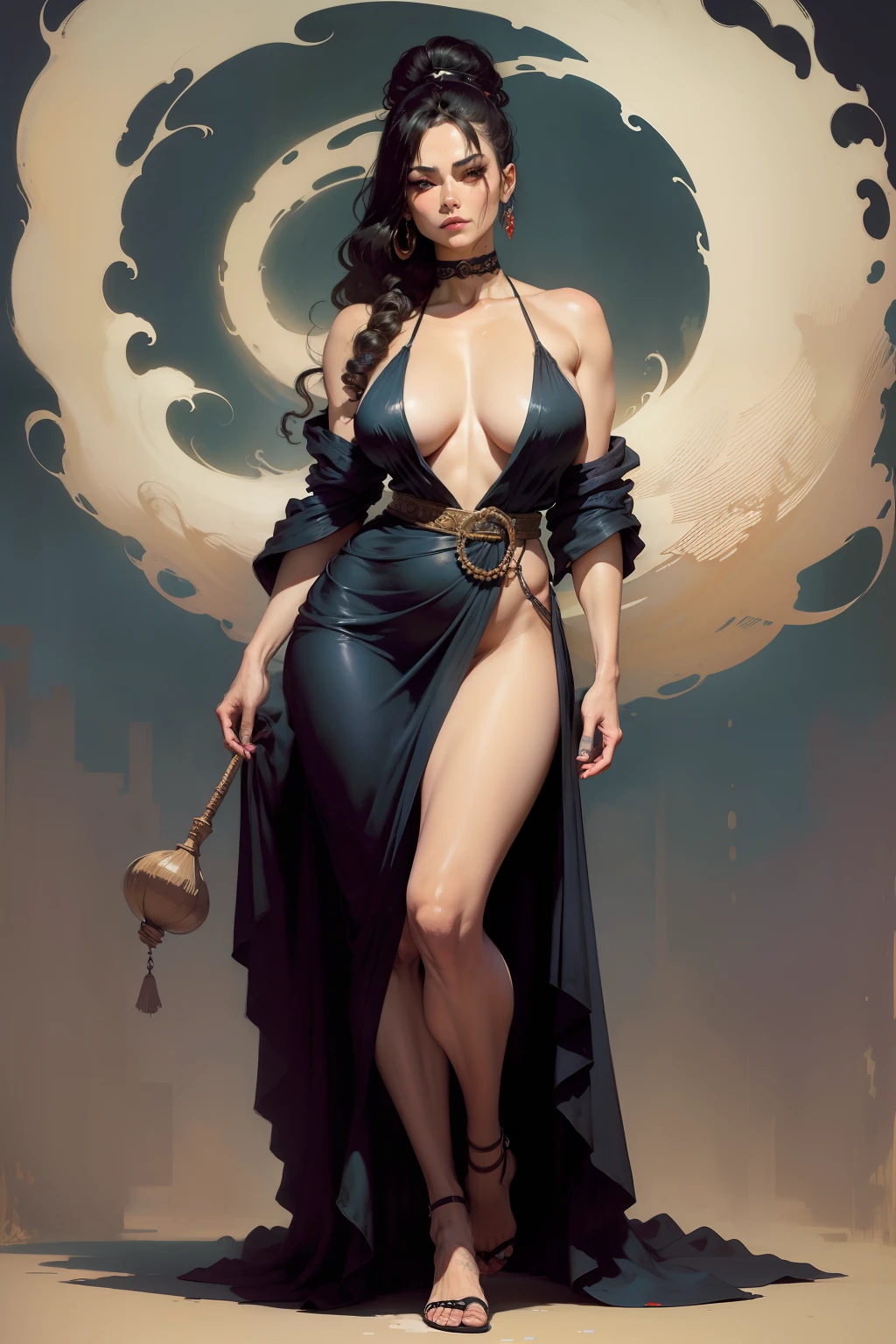 (Full body) Middle aged beautiful woman. Drina is draped in stylish clothing that seems to meld seamlessly with her surroundings. Her hair is kempt and drill hair, and her skin is marred with grime and dirt. Her eyes, however, gleam with a disturbing intelligence. (Frank Frazetta) (masterpiece) splash art Ukiyo-e