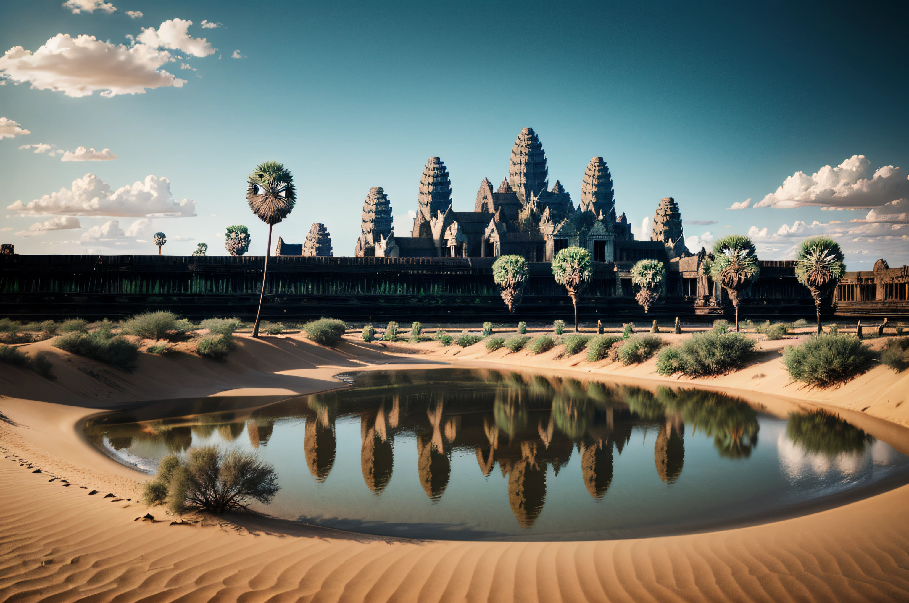 angkor wat in the desert sand, small water, small lake, realistic landscape, blue sky, 8k, realistic texture, high quality photo,