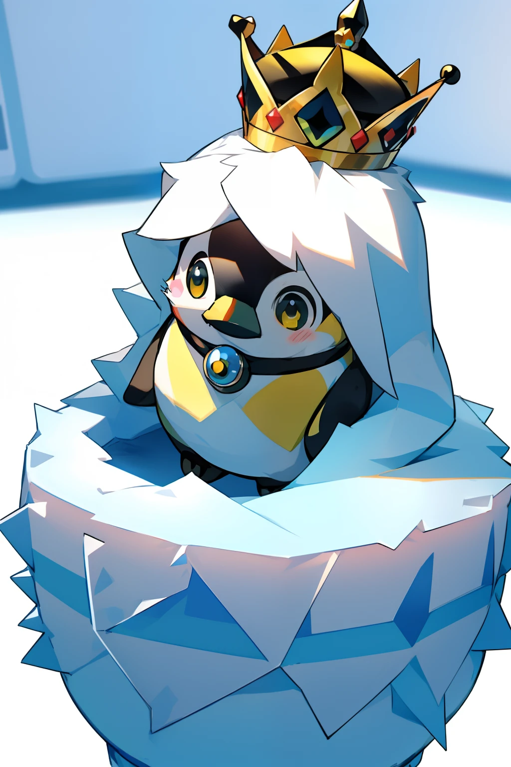 emperor penguin,kawaii,top-quality,。.。.。.3D,8K,Being on the ice,putting on a crown,Draw large on the screen