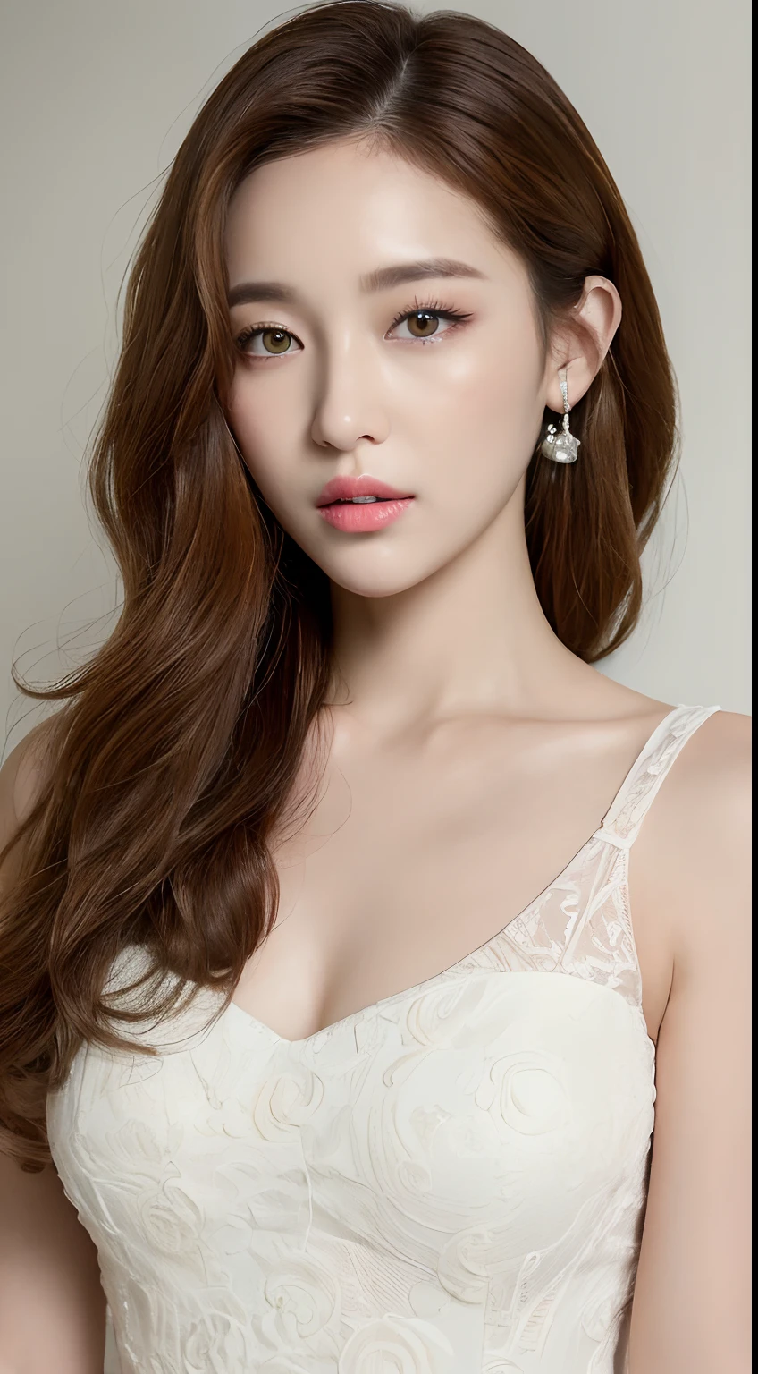 ((top-quality、8K、​masterpiece:1.3))An ultra-high picture quality、realskin、Marble background、FULL BODYSHOT、1 girl、Beautiful woman with slender abs:1.3、(Light brown long curly hair、Big Tits:1.2)、sexy facial expression、big eye、Long Sleeve White Lace High Neck Shirt:1.1、hyperdetailed face、ultradetailed eyes、super-detaild skin、Ultra detailed hands、Ultra-detailed fingertips on the face、Super detailed beautiful feet、Super detailed beautiful hair、Ultra-detailed cloth、Double eyelid hands、Korean Beauties、White lace skirt、piercings、beautiful and long legs、high-heels、Walking
