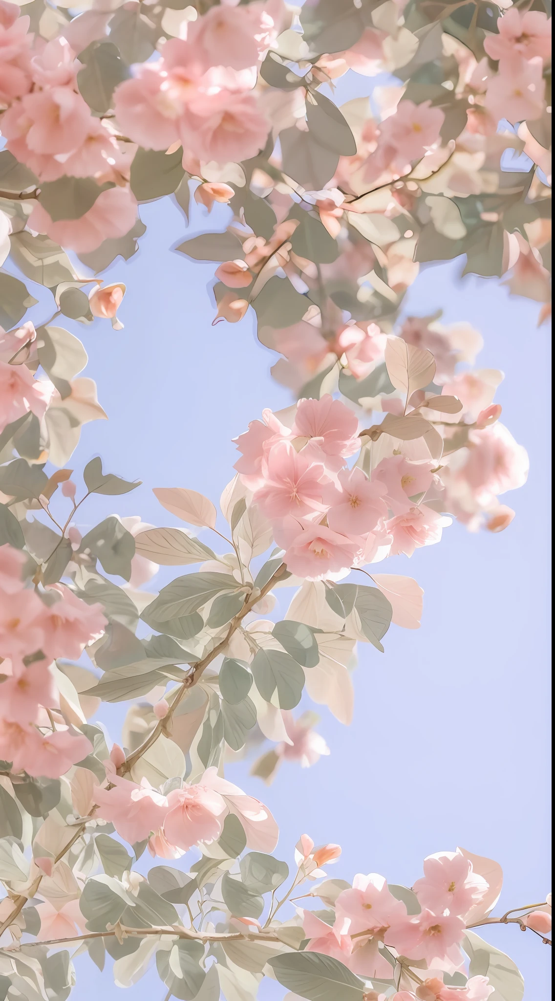 there is a bird that is sitting on a branch of a tree, In pastel colors, in pastel shades, Spring vibes, Pink flowers, blossoming, pink pastels, shades of pink and blue, Soft blue and pink, pale pastel colours, Beautiful and aesthetic, Soft blue and pink tones, nature and floral aesthetics, Blooming flowers, pastelcolor, in pastel shades