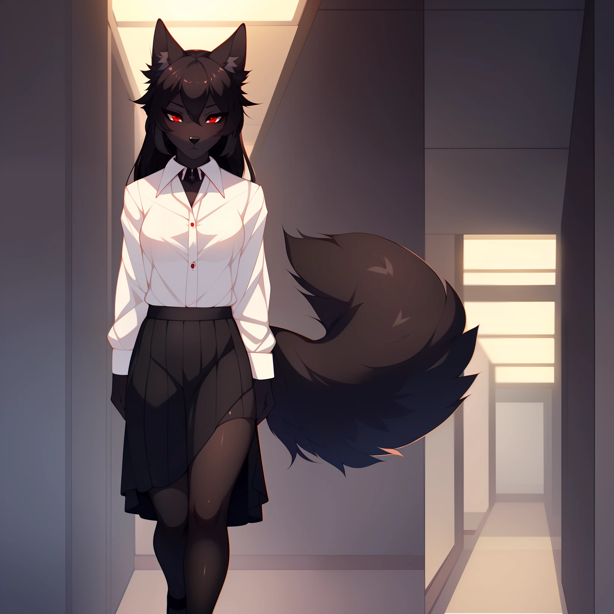 (By hyattlen, by fumiko, by claweddrip), solo, one girl, an anthro wolf girl, female, long black hair, (all_black_furry_body):1.1, black nose, solid red eyes, detailed eyes, (cute snout:1.1), (black fluffy tail), highly detailed, serious expression, wearing white button up shirt, black blazer, long black skirt, black heels, walking down a Japanese school hallway, high quality, full body, best quality