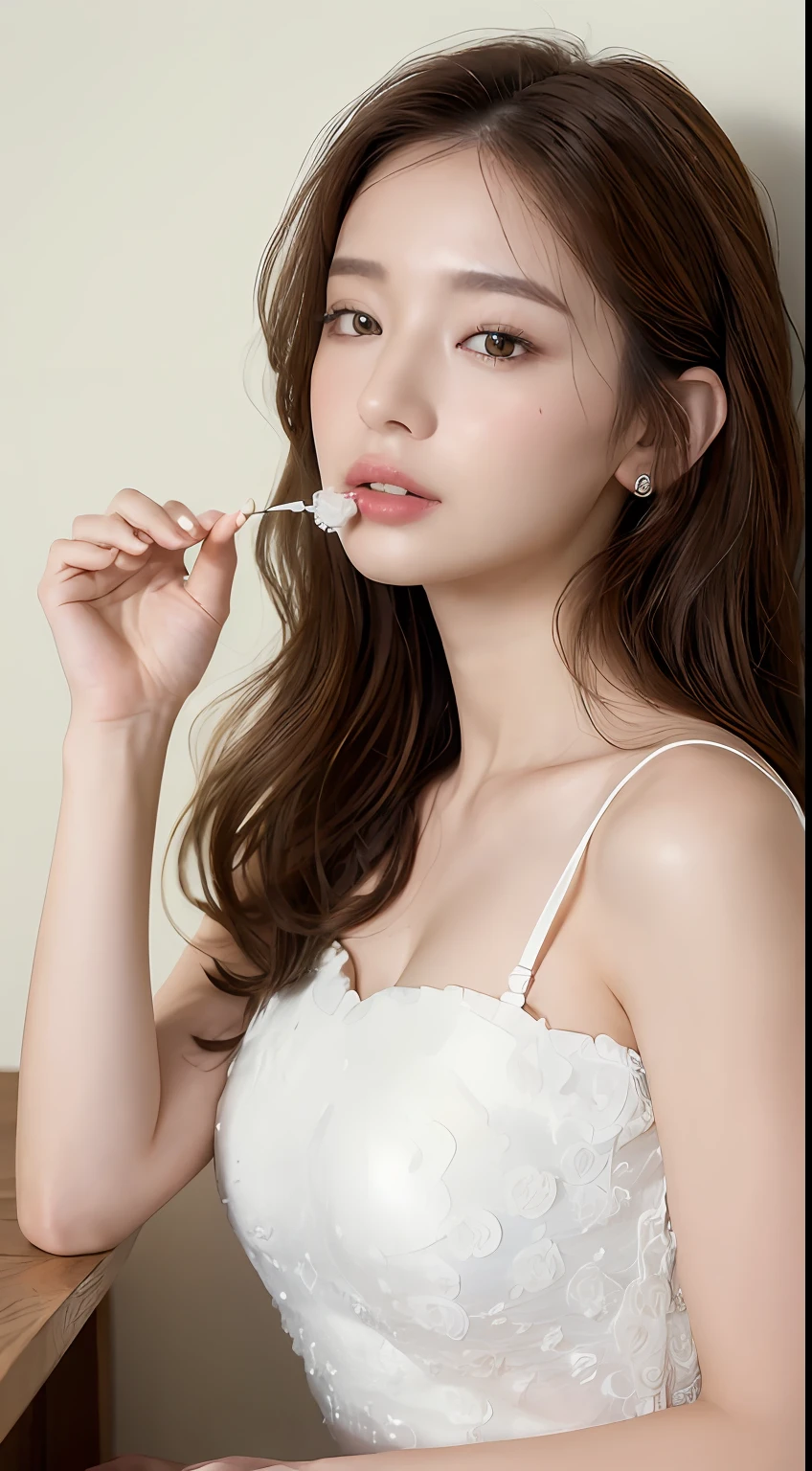 ((top-quality、8K、masterpiece:1.3)) realskin、Beautuful Women, look at viewr, Curly style、Flower Holter Dress, White wall design, (Rim Light)Similar to DJ soDA、A detailed eye、Detailed mouth、Oblique look down