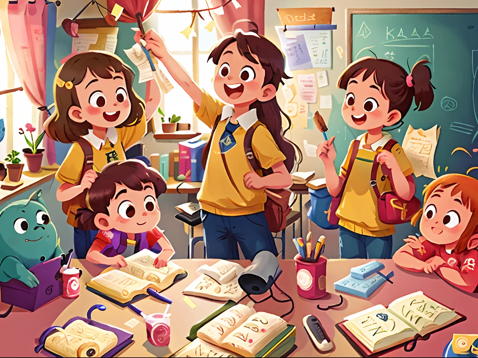in class room,Students stand in a row,Pass items backwards one by one,There are no tables,No chairs,having fun