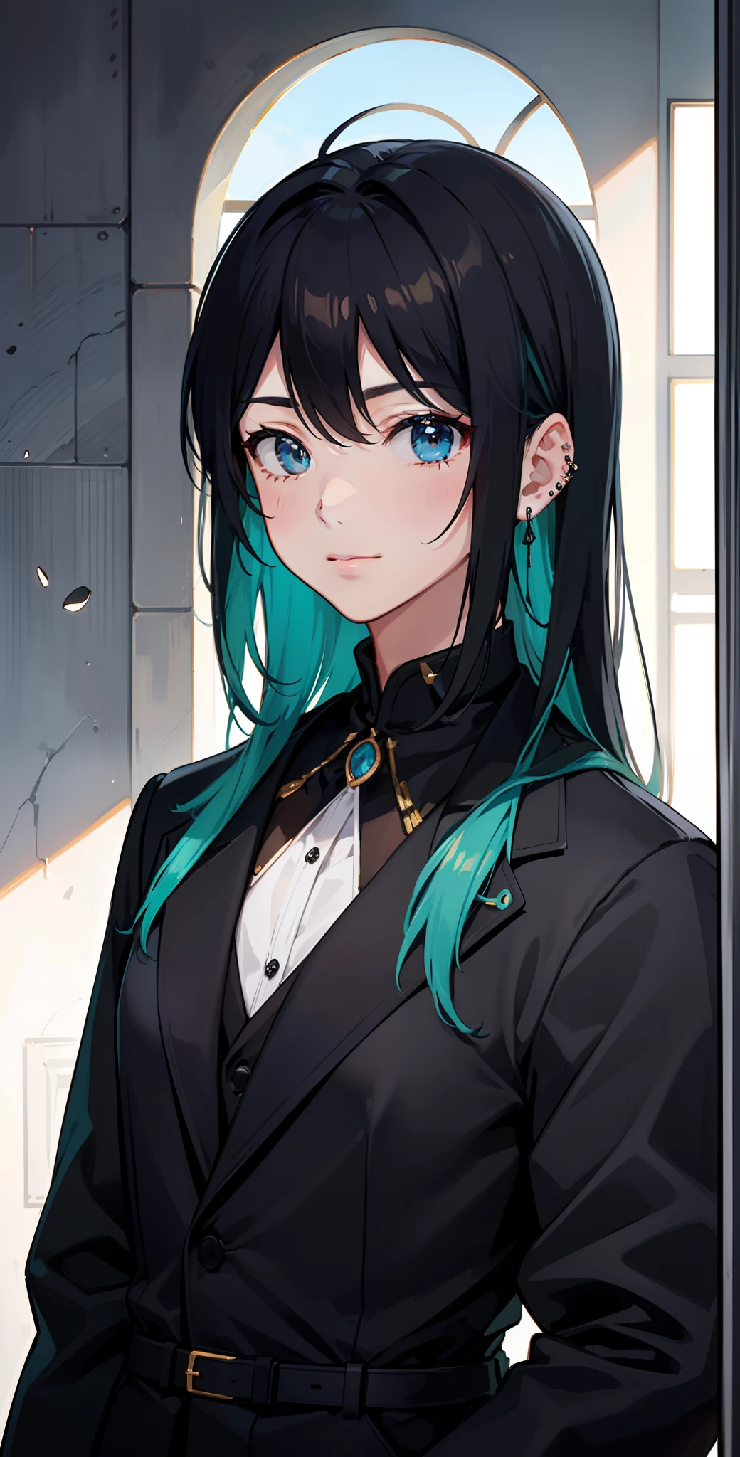 top-quality、masterpiece、hight resolution、black-green hair、BREAK、A slight smil、frontage、1 male、beautiful shadow、Dazzling light、well-muscled、black suits、Complicated piercing of ears、Well-formed face