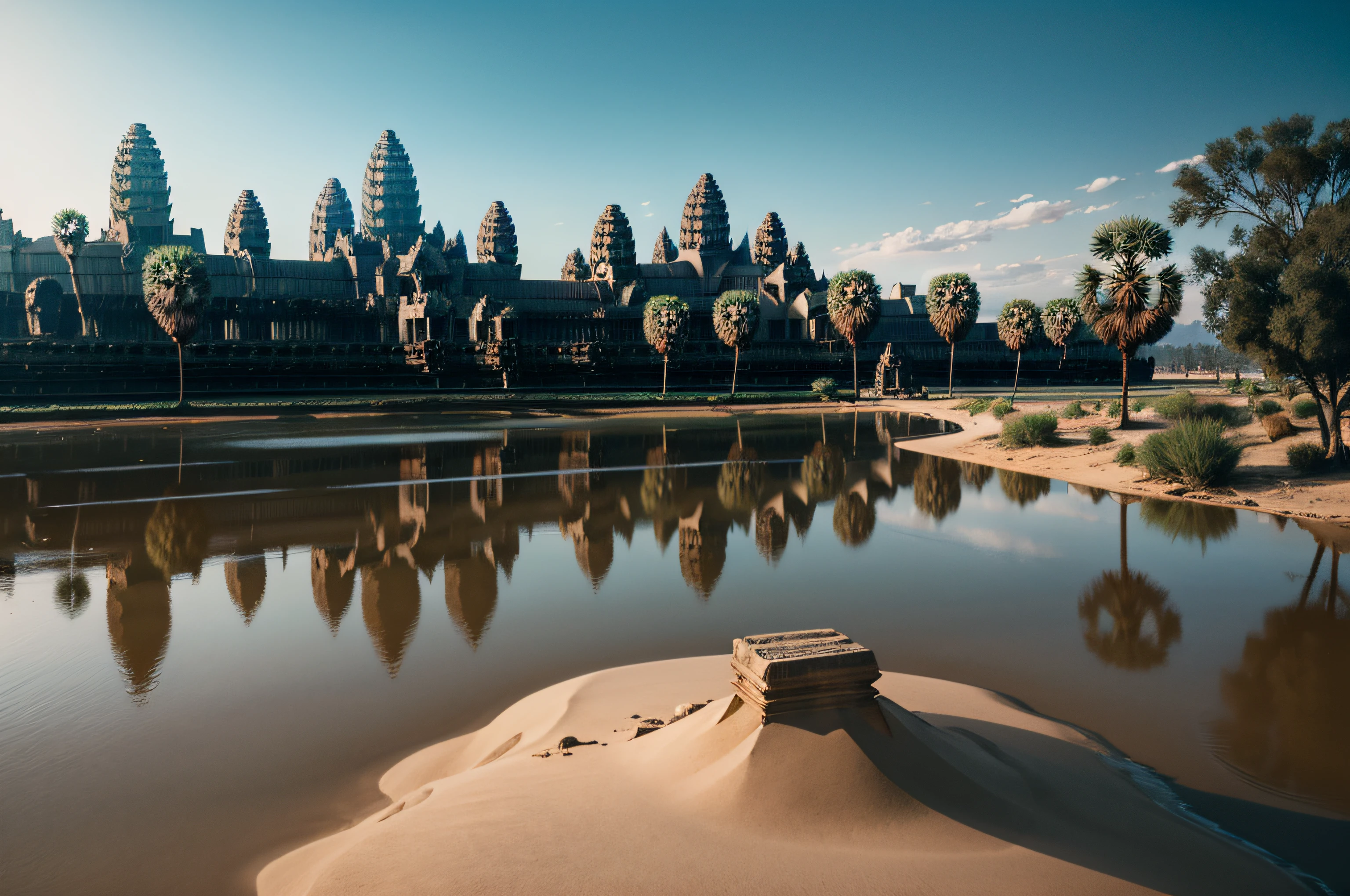 angkor wat in the desert sand, small water, small lake, realistic landscape, blue sky, 8k, realistic texture, high quality photo,