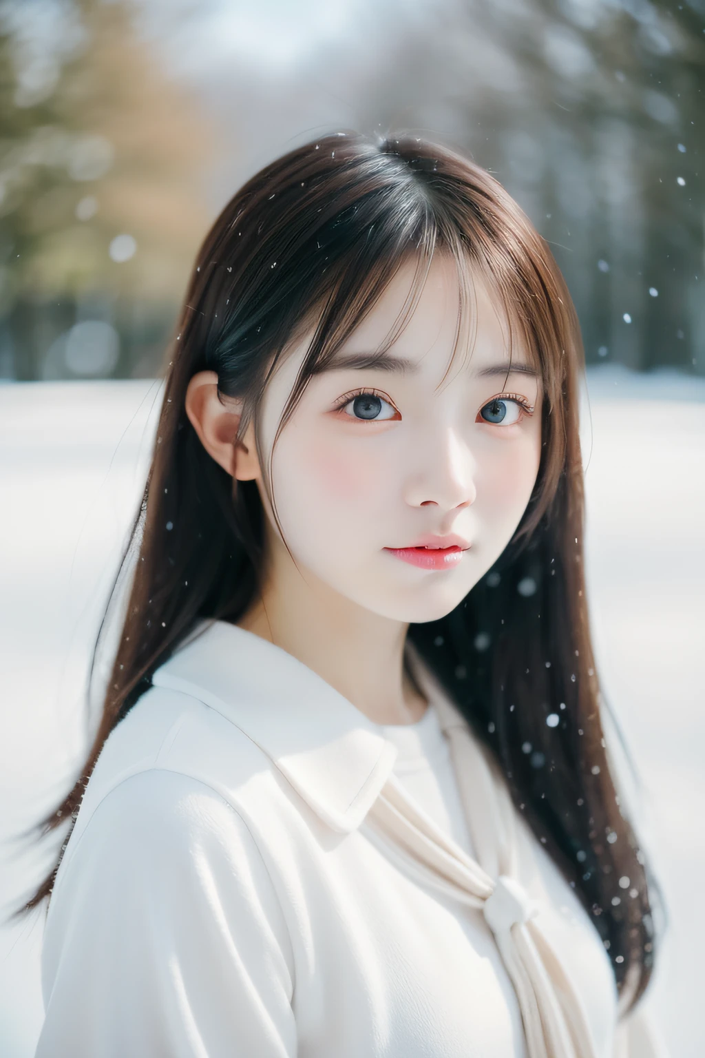 女の子1人、a matural female、Underwear、the bow、a picture、realisticlying、top-quality、adopt、A detailed face、s Office、snow country、It's snowing、细致背景、Diffused sunlight、depth of fields、Bokeh