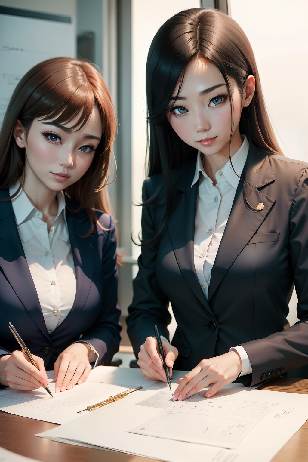 Women in professional attire write their plans in the office，The eyes are firm and confident。The picture has a working atmosphere。