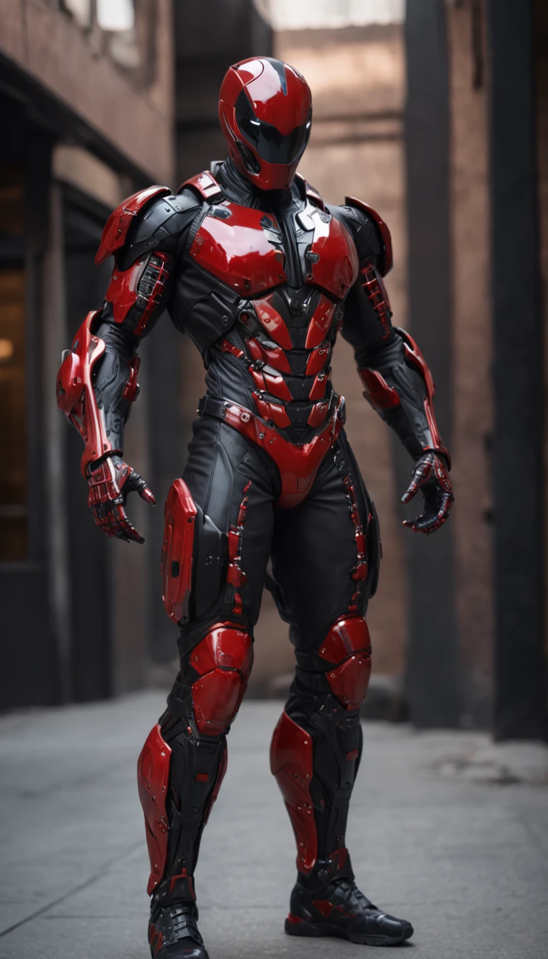 A Hi-Tech cyberpunk style red black Venom suit, Custom design, Mechanical tenticles, shining body, glowing look, full shining suit, body, hues.,steampunk style,cyberpunk style,mecha, perfect custom Hi-Tech suit, holding sword, weapon master, Hi-Tech belt, muscular body suite, looking at viewer, ,cyberpunk,robot