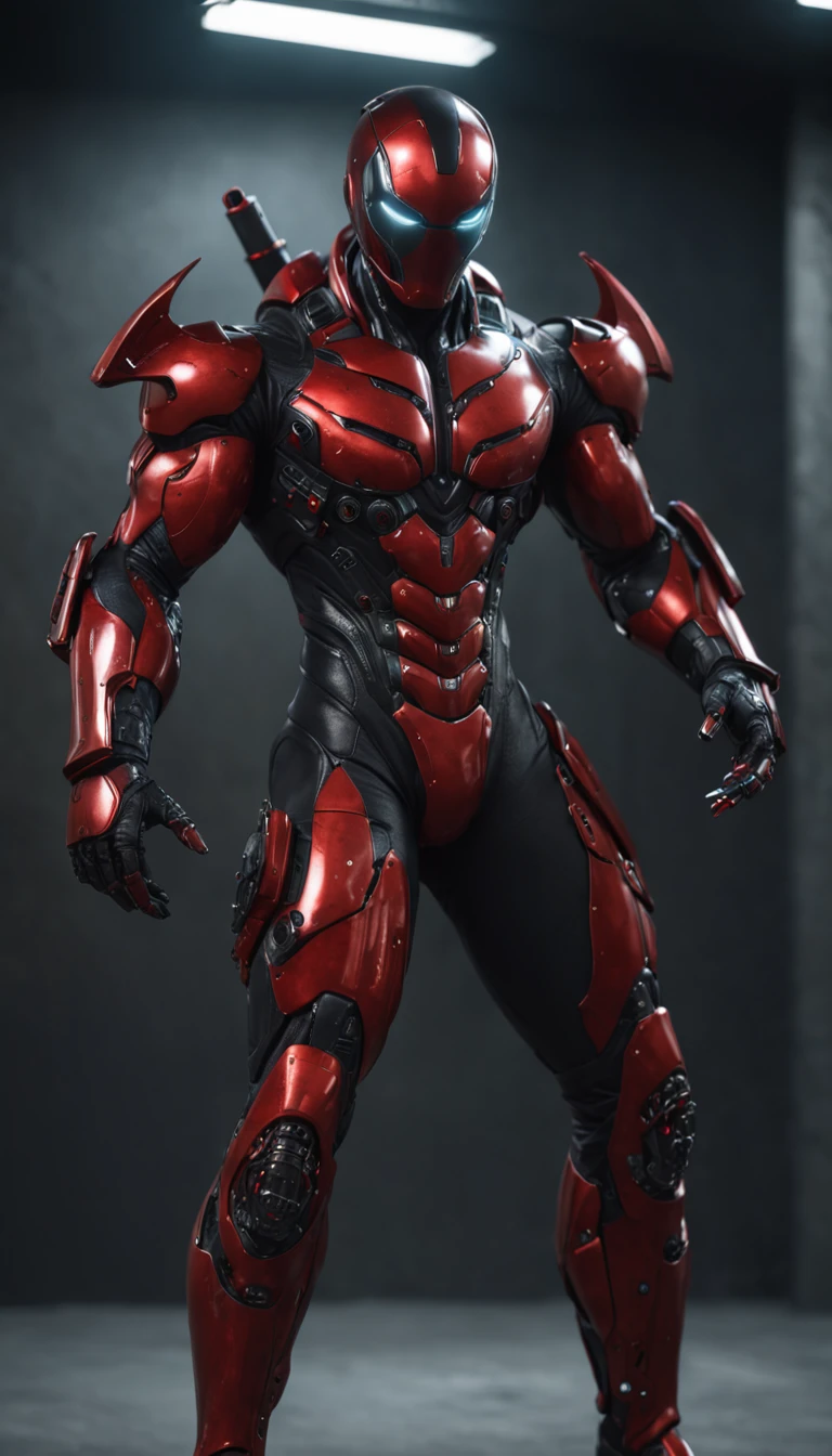 A man with red and purple and green colour robot and in hand with blood