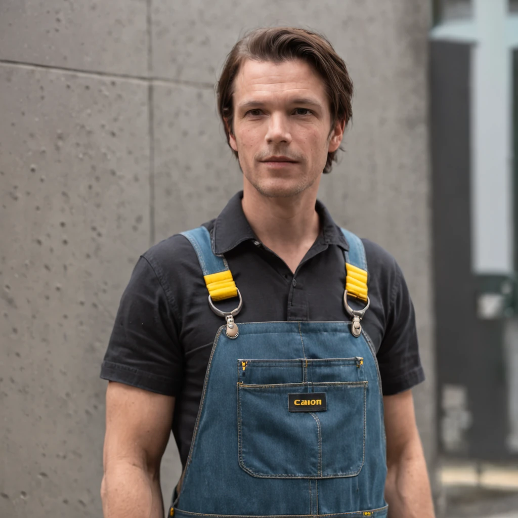 Middle-aged male American，brown  hair，Green short sleeves，Denim cargo suspenders，Wash with a Kärcher pressure washer，Washing yellow cement engineering vehicles on the moon