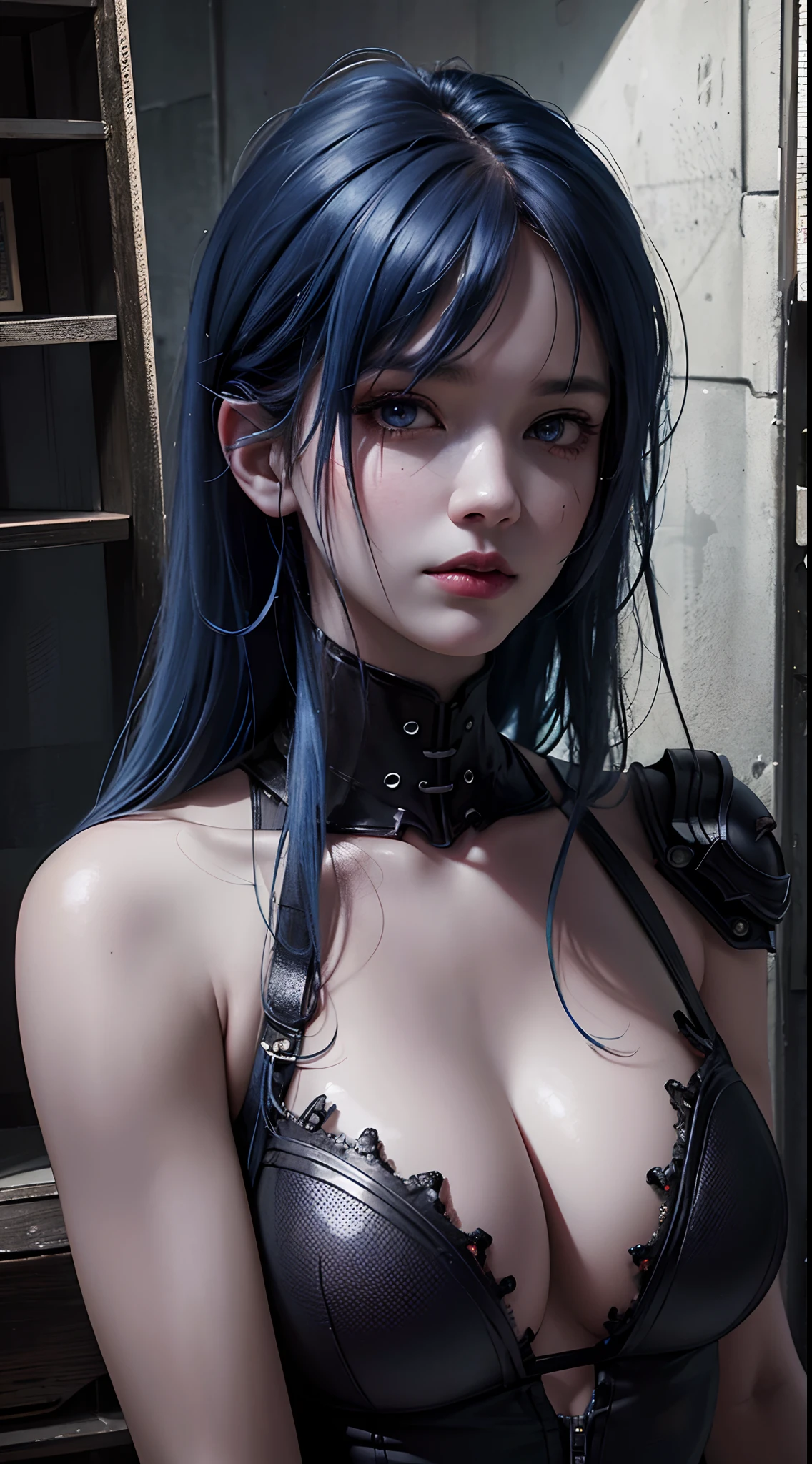 Dark and gloomy whole body 8K uniform rendering, Mature female cyborg, Blue hair, Wearing tattered armor, In a cluttered shack , action shot, tattered torn shirt, Cracking of porcelain skin, skin pore, detailed intricate iris, very dark lighting, heavyshading, Detailed, Detailed face, (vibrant, photograph realistic, Realistic, Dramatic, Dark, Sharp focus, 8K)