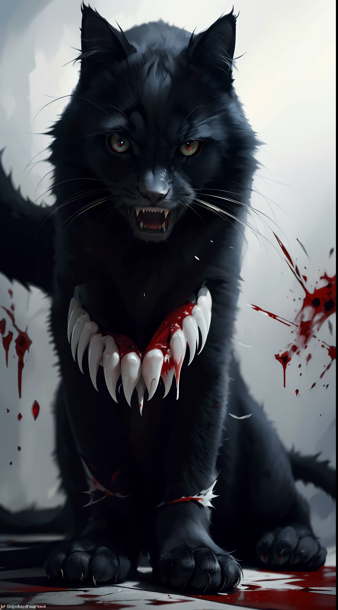 Fierce black cat,Dark red eyes,Extreme body detail close-up,White fangs,Sharp claws,Teeth and claws,Blood-stained armor,The armor is tattered,Blood dripping,Blood dripped from the corners of the mouth,True blood,Full body like,Prepare for a raid