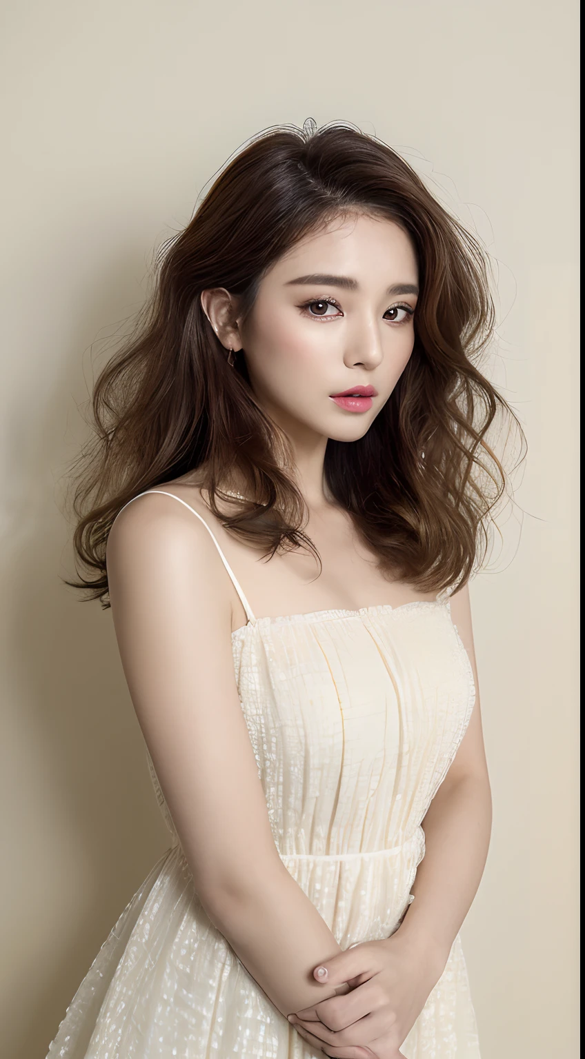 ((top-quality、8K、masterpiece:1.3)) realskin、Beautuful Women, look at viewr, Curly style、Flower Holter Dress, White wall design, (Rim Light)Similar to DJ soDA、A detailed eye、Detailed mouth、Oblique look down、wide-angle lens、