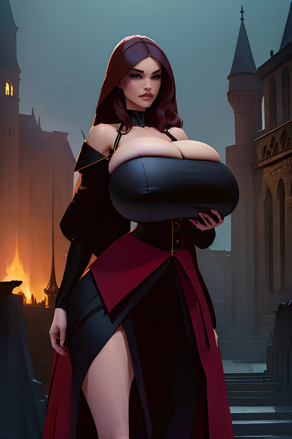 (masterpiece, top quality, best quality, official art, beautiful and aesthetic:1.2), (1girl:1.3), long and curly dark brown hair, extremely detailed, portrait, looking at viewer, solo, (full body:0.6), detailed background, close up, mischievous eyes, (warm summer castle theme:1.1), sorceress, charlatan, smirk, mysterious, walking in courtyard, revealing ((dark red)) sorcerer attire, red knee-length red skirt, off shoulder, straps, long sleeves, loose sleeves, cloak, corset, black leggings, black trousers, black pants, long brown boots, buckles, straps, pouches, magic energy, red fabric, white trim, ((gigantic breasts, cleavage, skindentation)), slim waist, slim hips, long legs, medieval (castle exterior:1.1) background, dark mysterious lighting, shadows, magical atmosphere, dutch angle, (((balsamique)))
