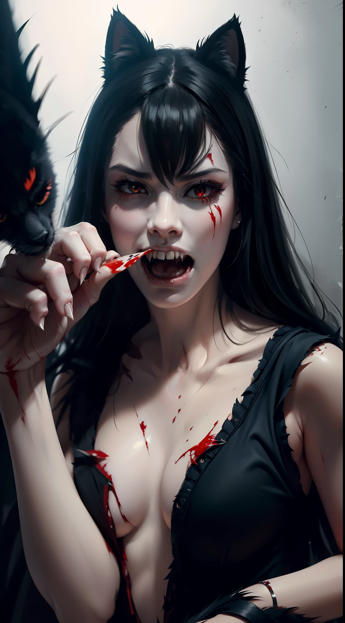 Fierce black cat，Dark red eyes，Extreme body detail close-up,White fangs,Sharp claws，Teeth and claws，Blood-stained armor,The armor is tattered,Blood dripping,Blood dripped from the corners of the mouth,True blood,Full body like,Prepare for a raid