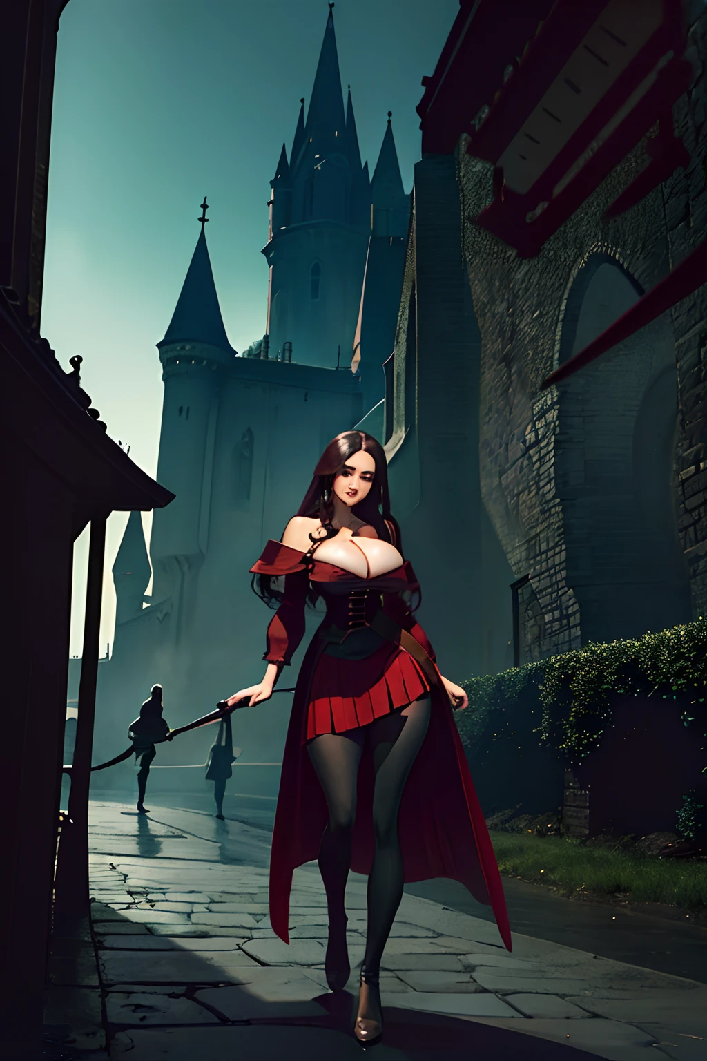 (masterpiece, top quality, best quality, official art, beautiful and aesthetic:1.2), (1girl:1.3), long and curly dark brown hair, extremely detailed, portrait, looking at viewer, solo, (full body:0.6), detailed background, close up, mischievous eyes, (warm summer castle theme:1.1), sorceress, charlatan, smirk, mysterious, walking in courtyard, revealing ((dark red)) sorcerer attire, red knee-length red skirt, off shoulder, straps, long sleeves, loose sleeves, cloak, corset, black leggings, black trousers, black pants, long brown boots, buckles, straps, pouches, magic energy, red fabric, white trim, ((gigantic breasts, cleavage, skindentation)), slim waist, slim hips, long legs, medieval (castle exterior:1.1) background, dark mysterious lighting, shadows, magical atmosphere, dutch angle, (((balsamique)))