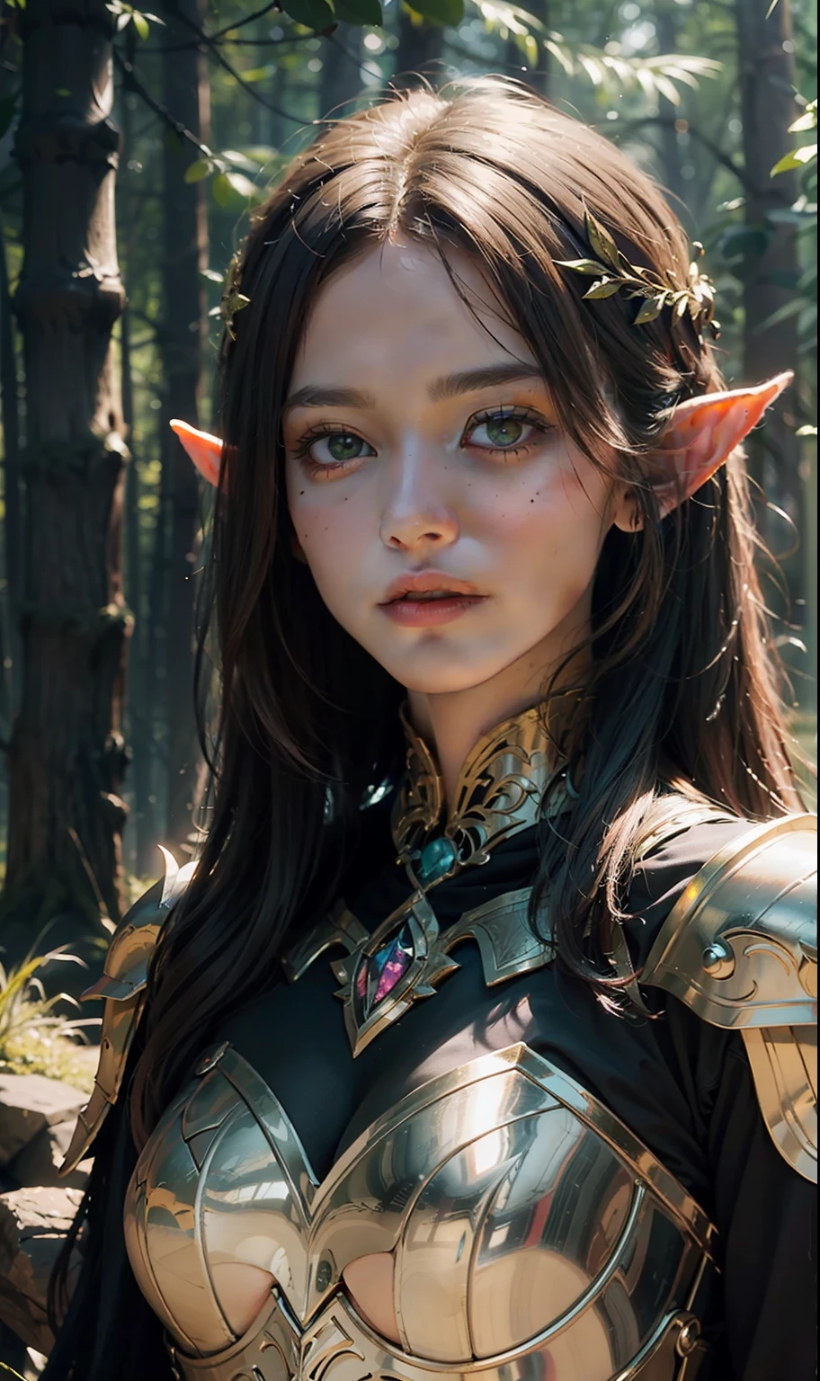 Beautiful painting of perfect female elf warrior,Glowing green eyes,Side Body,Bigchest,Perfect face, Long hair that is not shaped, Perfect features, (Wearing gorgeous elven armor in black and gold), Abstract beauty, near-perfect, Pure form, Dynamic pose, at a forest,(Deep dark shadows), (Powerful cinematic lighting), greg rutkovsky、Conceptual art by John William Waterhouse and Alphonse Mucha, intricately details, 8K post-production, high resolution, Super detail, trending on artstationh, Sharp focus, Depth of field f/1.8, Studio photos, (((looking at the camera in))).,