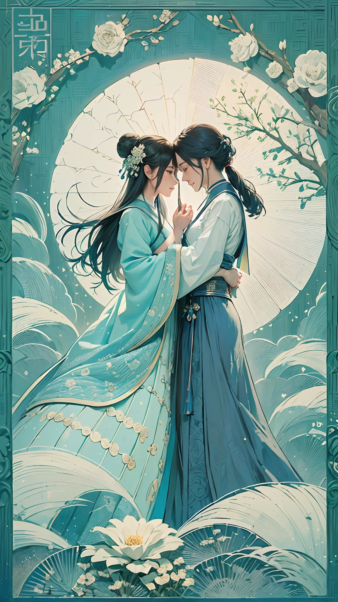 blue background,1 moon，(A hanfu couple hugging on a bridge:1.4, smile)，rosette，(illustration:1.3，paper art:1.3, Quilted paper art:1.2, extremelybold outline),( reasonable design, Clear lines, High sharpness,best quality, Very detailed, masterpiece, movie lighting effects, 4K )