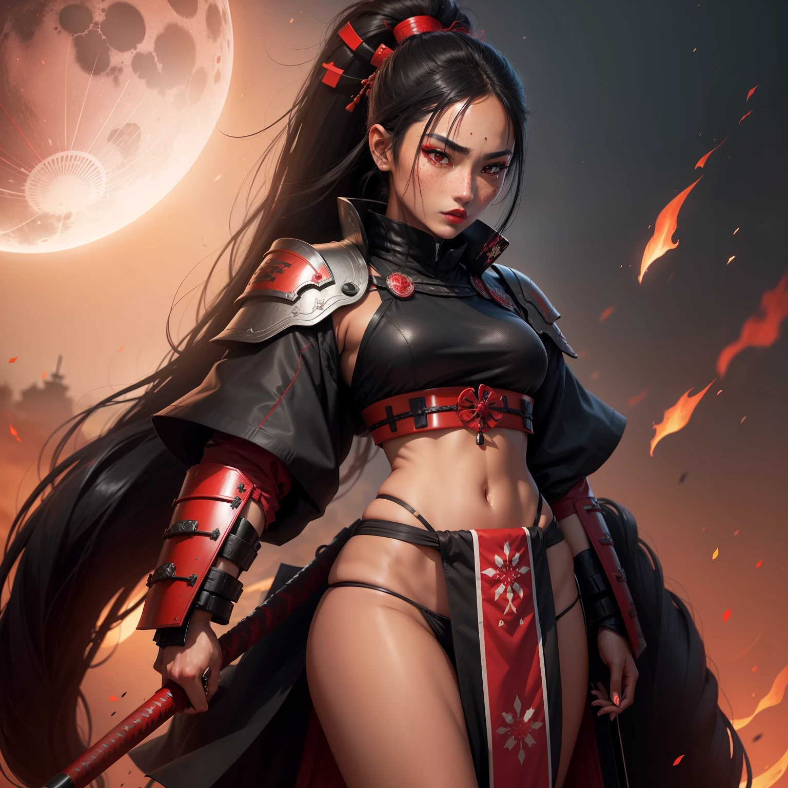 Female samurai warrior, jet black hair, dark skinned tanned, red black, bright moon, freckles on the face, red lipstick, full body