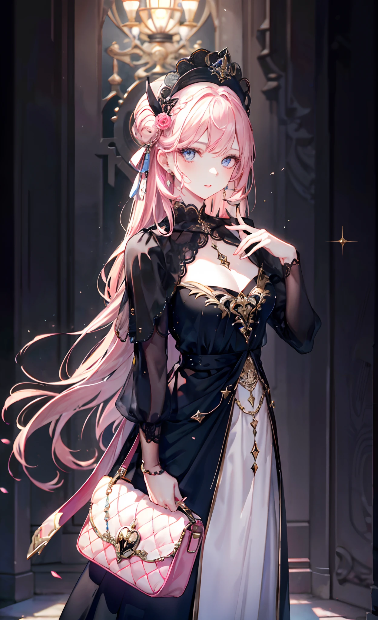 meticulous portrayal of face,1 noblewoman,a matural female,Black dress long dress,(Pink White Long Hair),(dark night background),Prom,carryng bag, s the perfect face, perfect hand, Perfect Finger, Perfect lips, perfect eyes, Perfect background