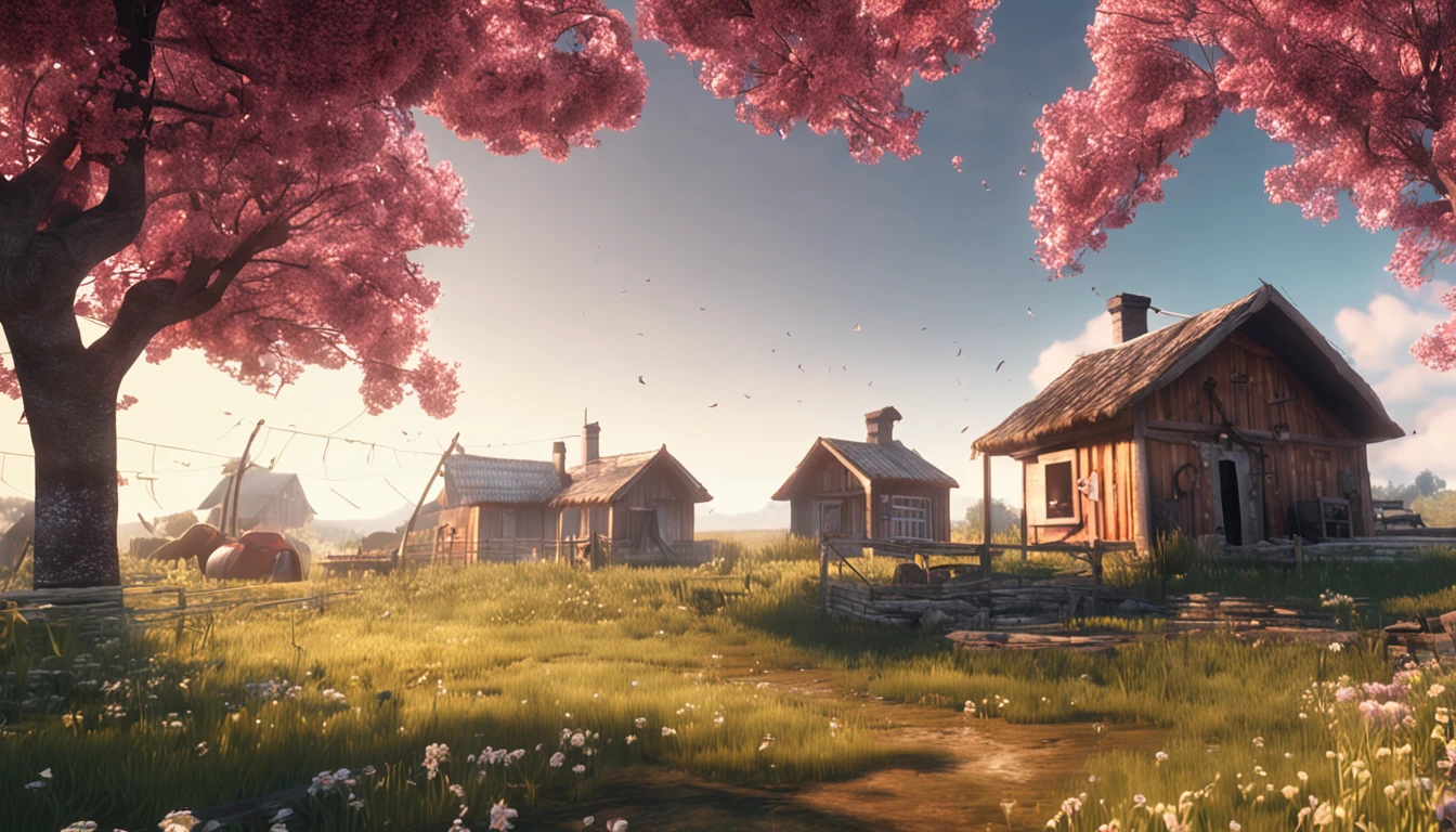 rustic, Peaceful village, Fields in the morning sun, Trees and flowers, Cooking smoke, A fresh breeze comes, Idyllic, Simple country life。