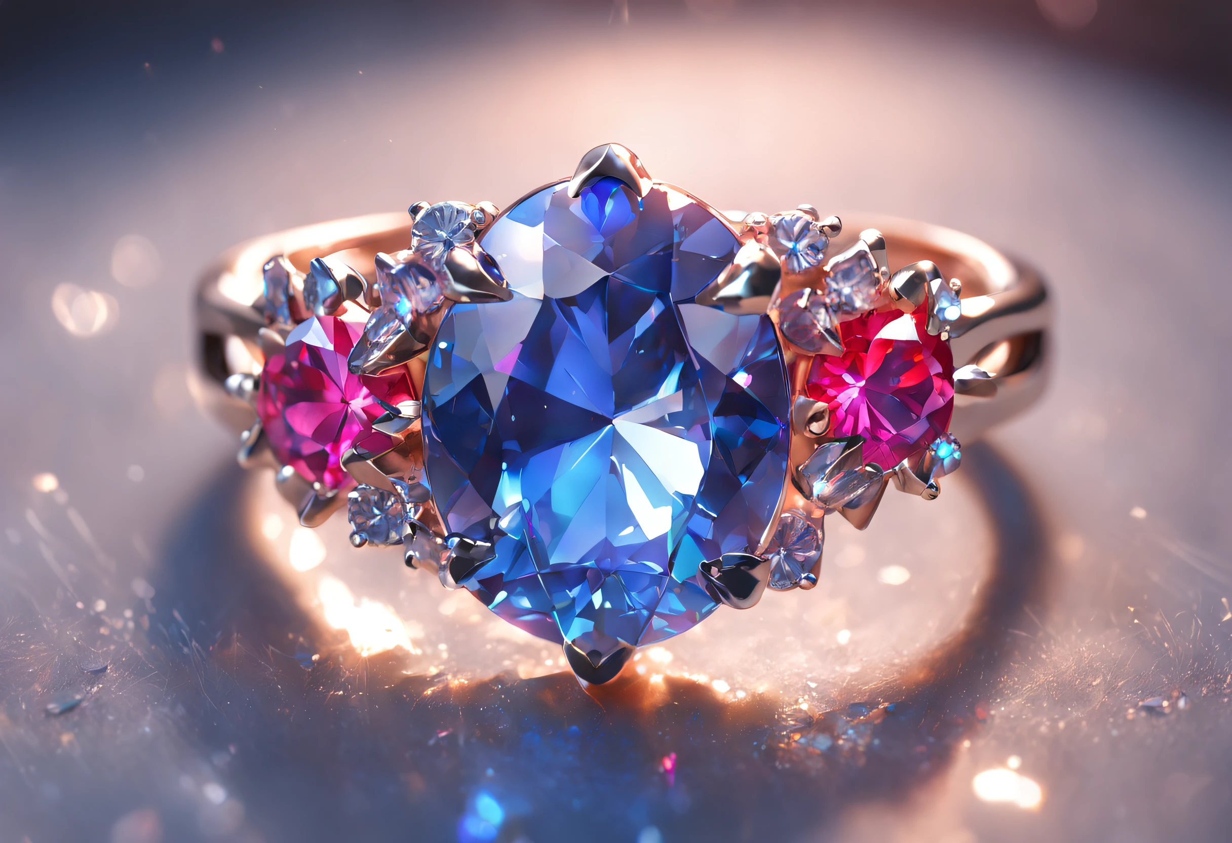 {style: {hyper realism}, {photorealistic}, {macro zoom}, {large size}, {hyper detailed}, {hyper resolution}, {hyper quality, 16}:1.3
 (theme: ((close-up of a ring with precious stones)), (big size), ((1 large shiny stone and other smaller stones around it)), ((stones of colors mixing between red/+blue/+pink/ +purple/+shiny)), macro zoom, ((ring frame is crystalline silver ring)), magic ring, jewelry, (colorful shiny gems encrusted in the ring), detailed jewelry, hyper detailed ring 16k).  [attributes: [macro view]:1.2, [fantastic ring], [super bright], [divine aspect ring]:1.2, [big size], [zoom], [detailed realistic gems], [detailed realistic ring]: 1.2, [crystalline silver ring frame]:1.2, [perfect ring], [blur].  Effect: "Volume lighting", "depth of field", "great shutter aperture", "better shutter speed", "good sharpness", "anti-aliasing", "great RAW camera", "good curves and levels" , "nice sharpen", "nice Guassian Blur filter", "great unsharp mask for depth of field effect and detail enhancement", (octane rendering)", "professional shading", "soft dynamic light" "soft shadows:" , "dynamic shadows", "cinema toning", "midjourney style v5.2", "steady diffusion", "background blur effect", "gloss blur" "overall sharpness", professional focus mode", "post- professional production", "Fujifilm XT3 film grain".