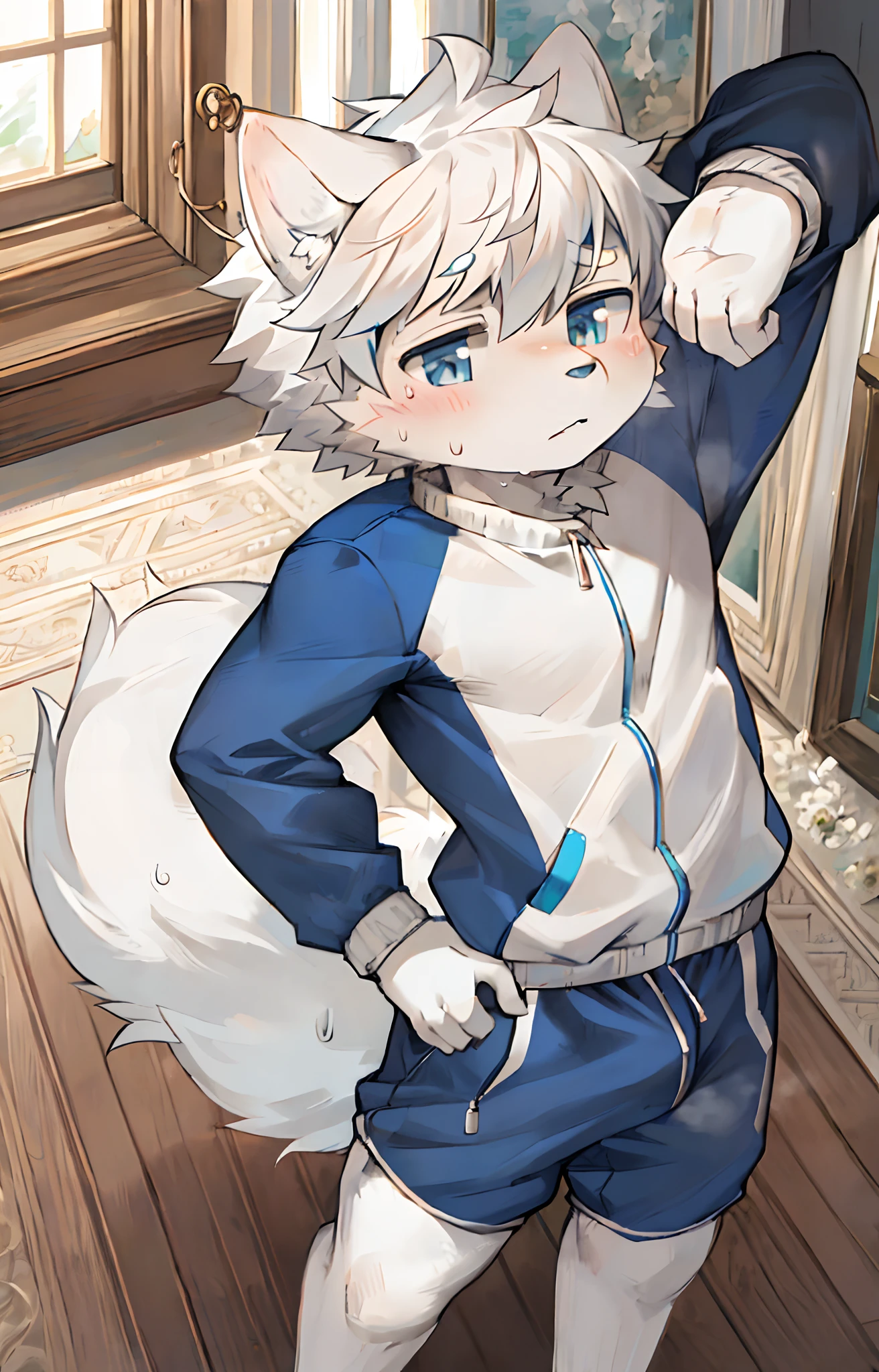 独奏, shaggy, shaggy male, malefocus, (Full Body Furry, Fluffy tail, White fur, Light blue eyes, light white hair:1.2), (Small felines、track suit:1.2),jogging,The crotch forms a huge bag,underage,Handsome,adolable,The picture is delicate,Highest picture quality,Delicate painting style,Delicate hook lines,Masterpieces,Fine skin,Heavy sweating,White socks,male people,Shota