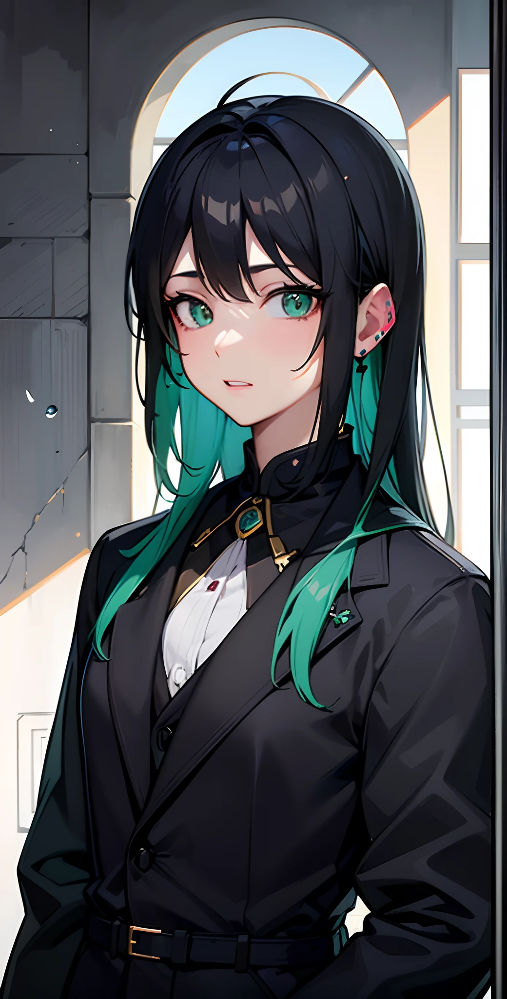 Anime girl with green hair and black jacket standing in doorway, Mikudayo, Portrait of Hatsune Miku, hatsune miku portrait, anime moe art style, Fine details. girls' frontline, Anime girl with teal hair, from girls frontline, girls frontline style, anime style portrait, portrait anime space cadet girl, anya from spy x family, Portrait Anime Girl
